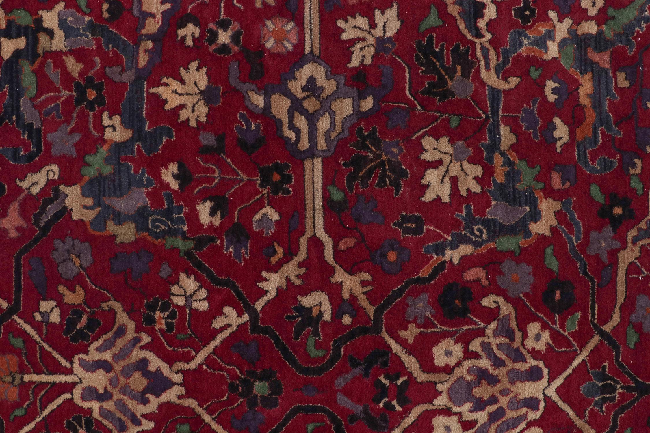 Early 20th Century Antique Hooked Rug in Rich Burgundy with Beige and Purple Floral by Rug & Kilim For Sale