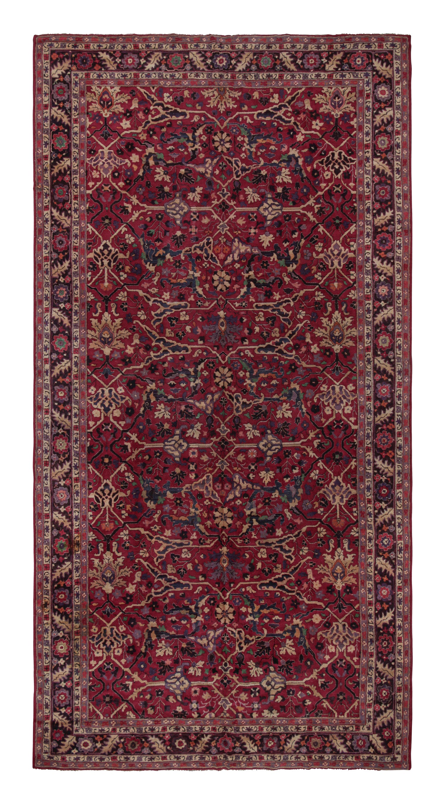 Antique Hooked Rug in Rich Burgundy with Beige and Purple Floral by Rug & Kilim For Sale