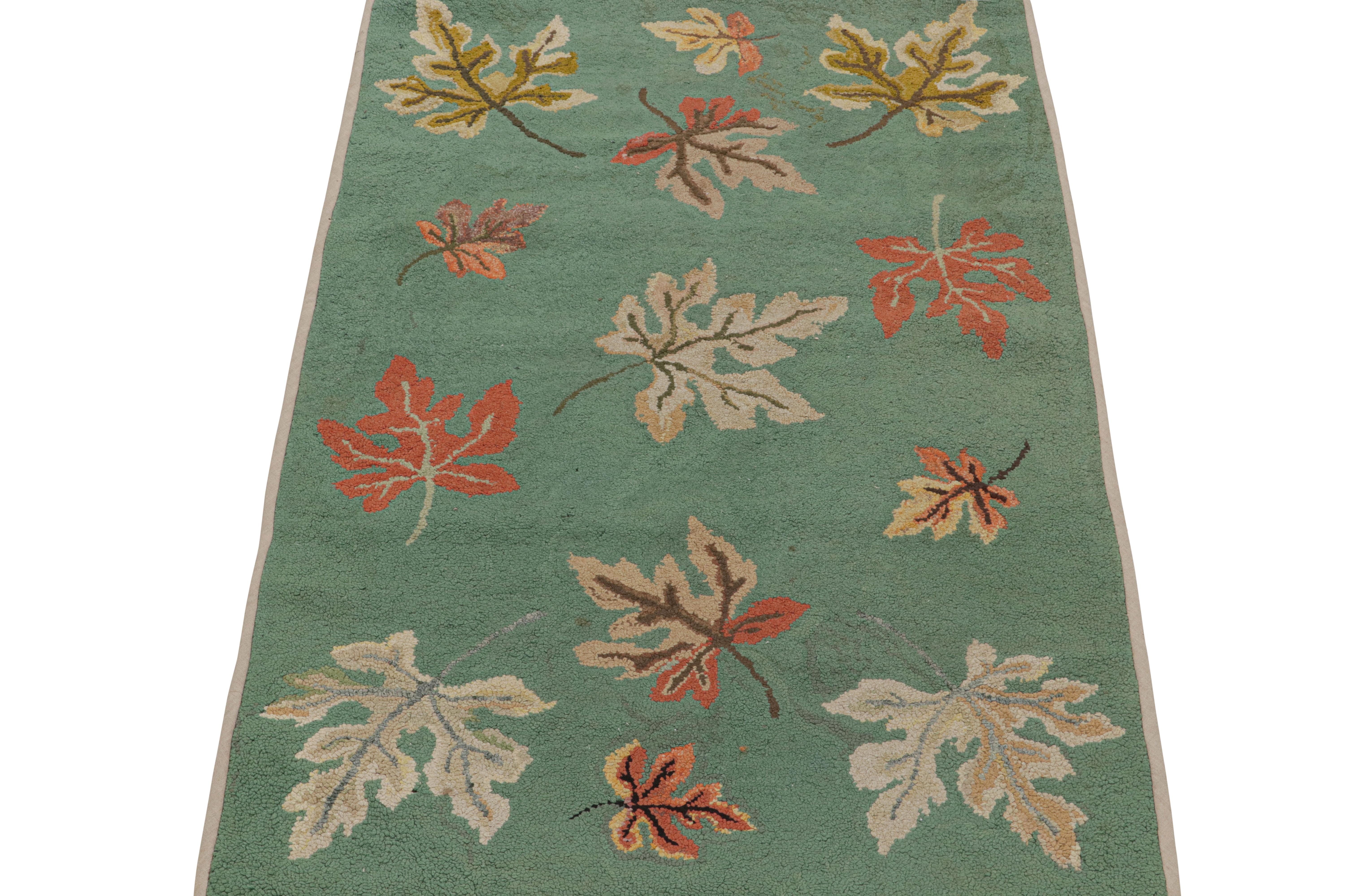 American Antique Hooked Rug in Seafoam with Leaf Floral Patterns, from Rug & Kilim For Sale
