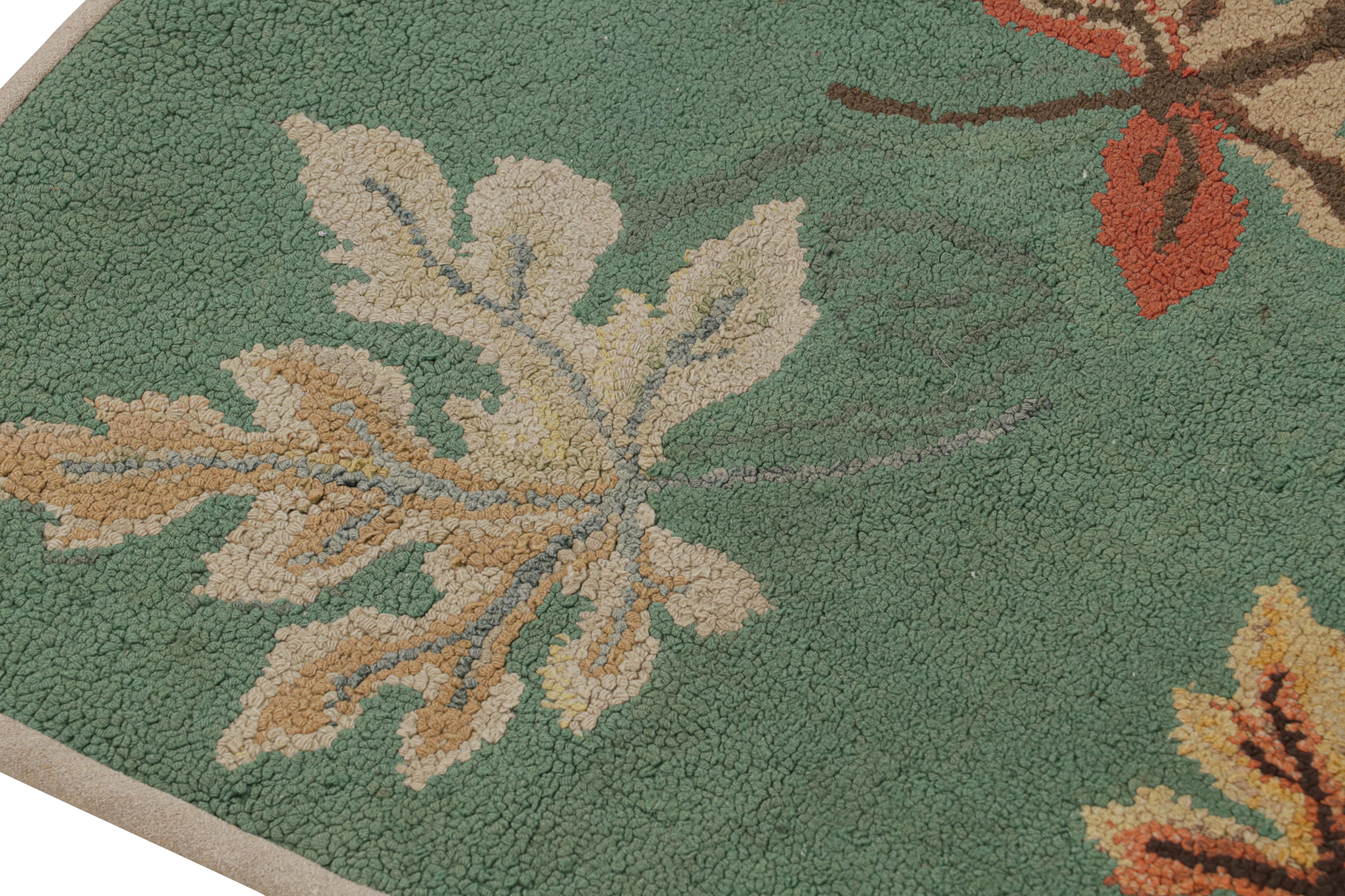 Hand-Knotted Antique Hooked Rug in Seafoam with Leaf Floral Patterns, from Rug & Kilim For Sale