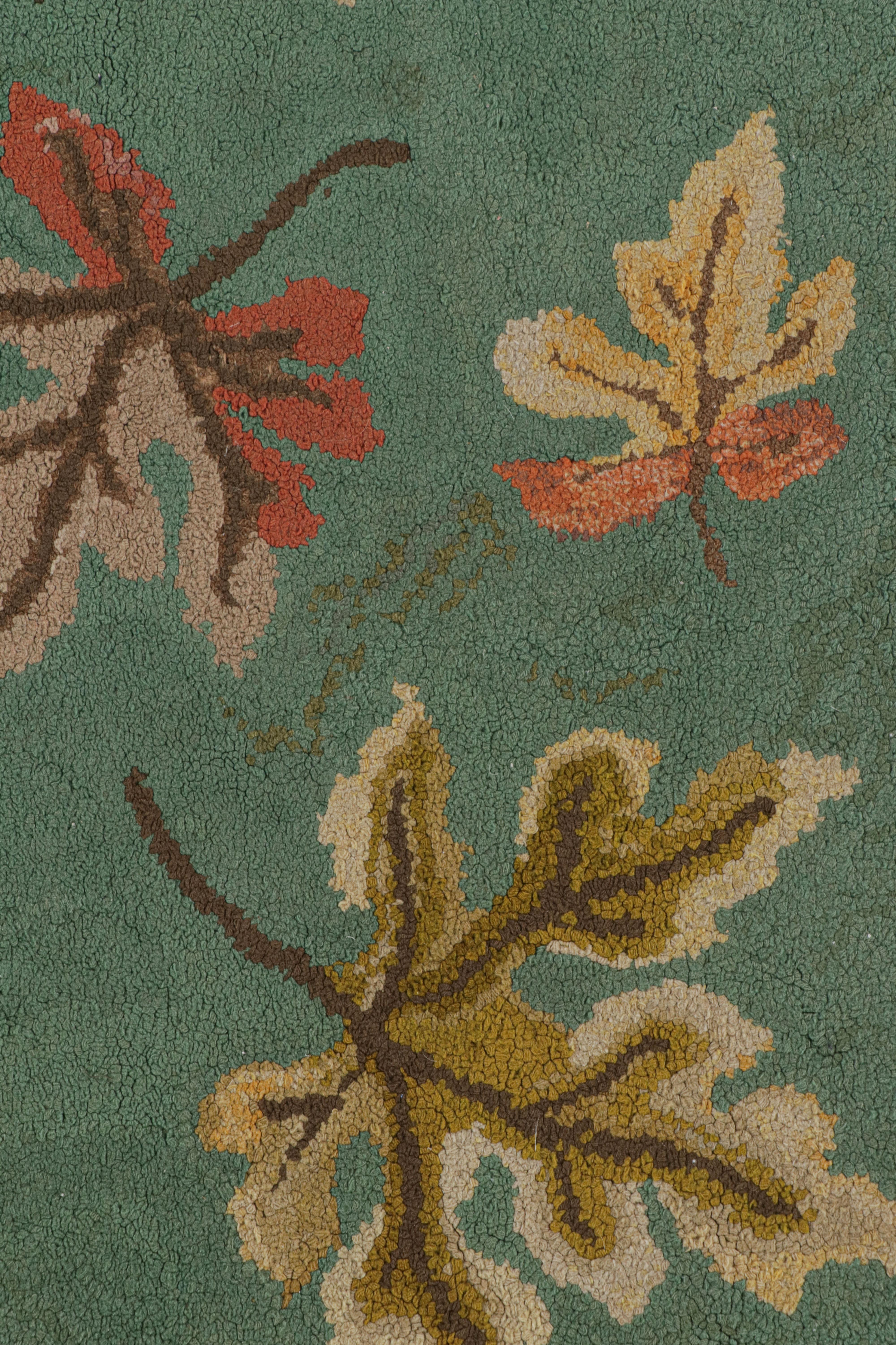 Antique Hooked Rug in Seafoam with Leaf Floral Patterns, from Rug & Kilim In Good Condition For Sale In Long Island City, NY