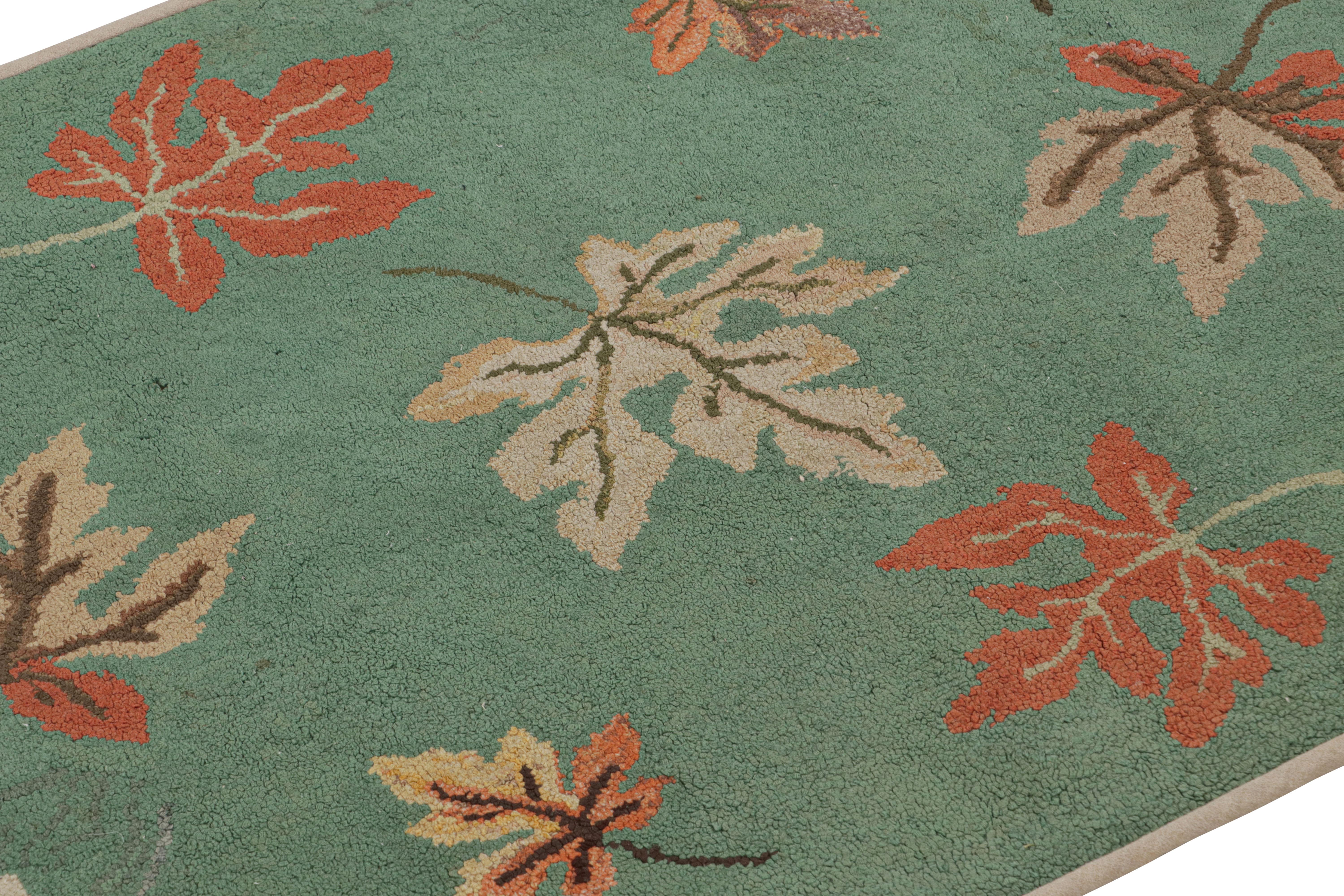 Early 20th Century Antique Hooked Rug in Seafoam with Leaf Floral Patterns, from Rug & Kilim For Sale
