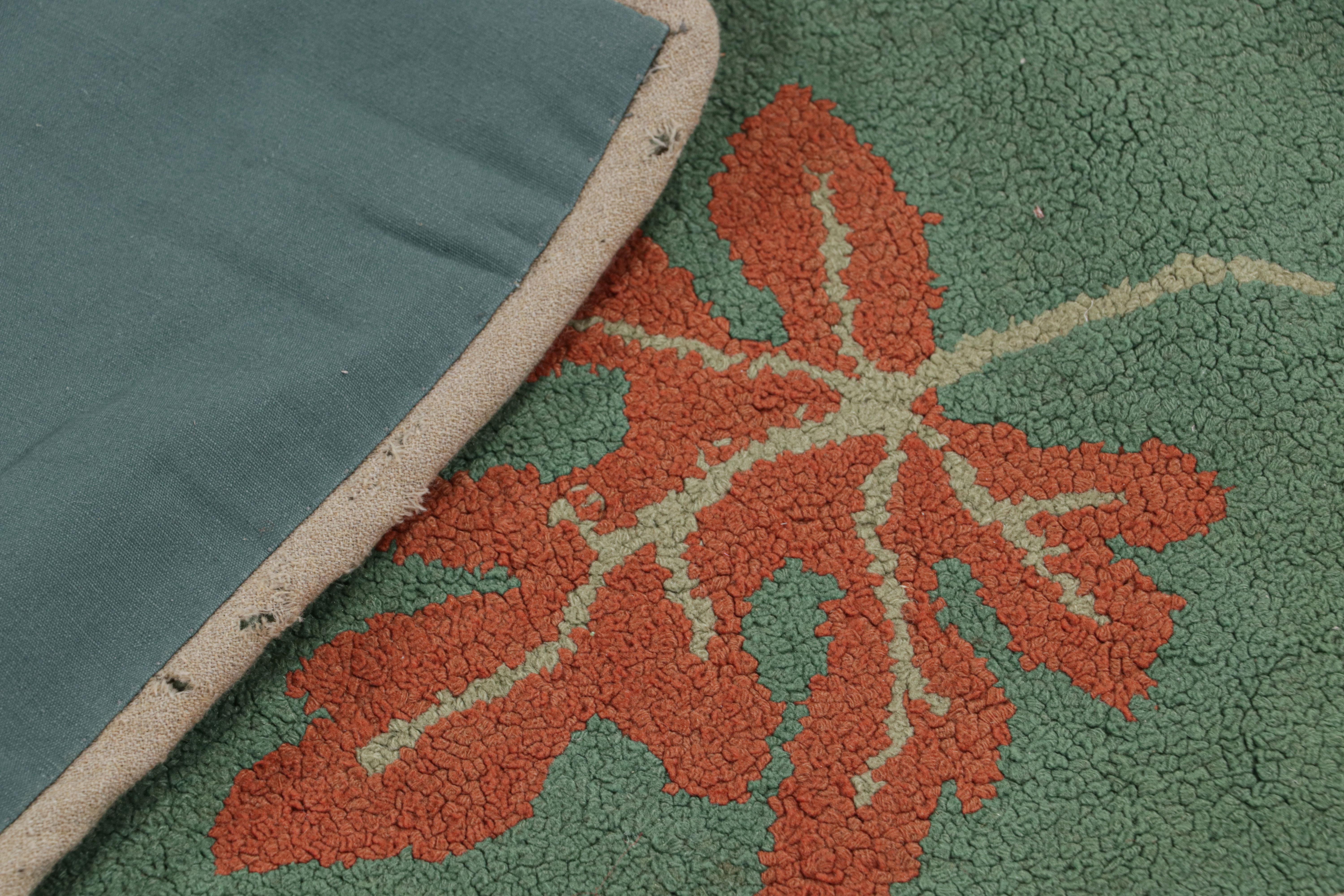 Fabric Antique Hooked Rug in Seafoam with Leaf Floral Patterns, from Rug & Kilim For Sale