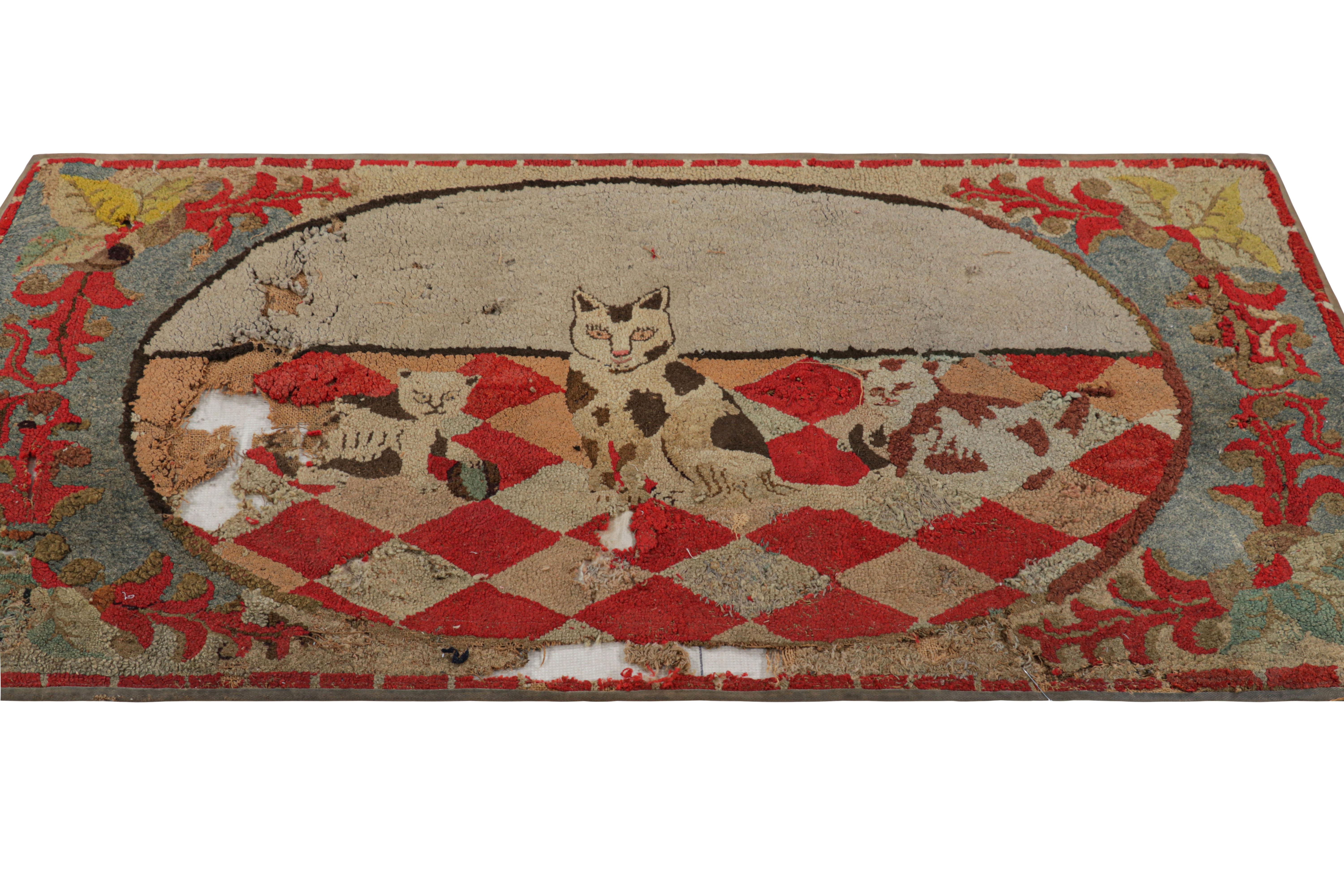 Hand-Knotted Antique Hooked Rug with Animal Pictorials and Floral Patterns, from Rug & Kilim For Sale