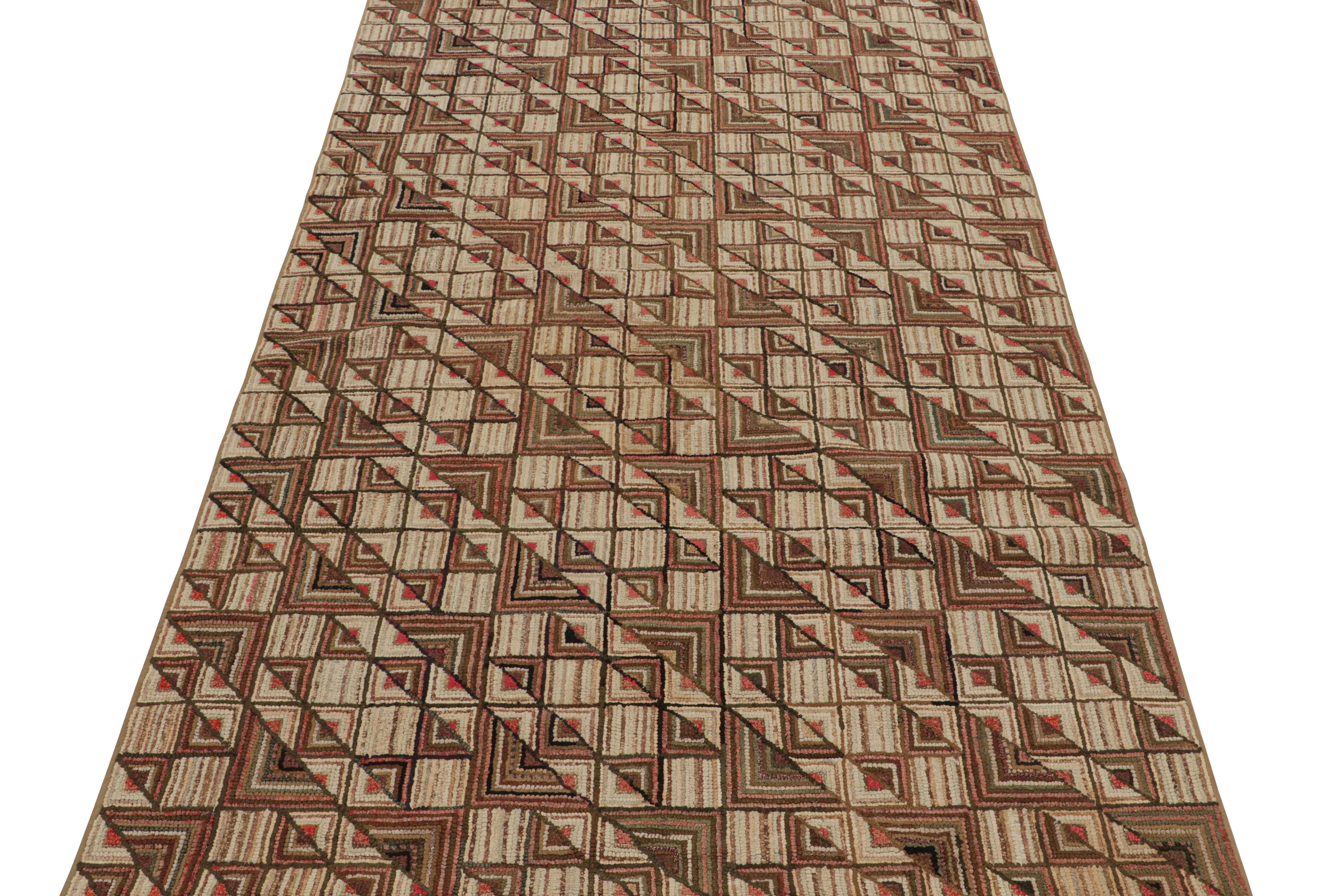 American Antique Hooked Rug with Beige-Brown Geometric Patterns, from Rug & Kilim For Sale
