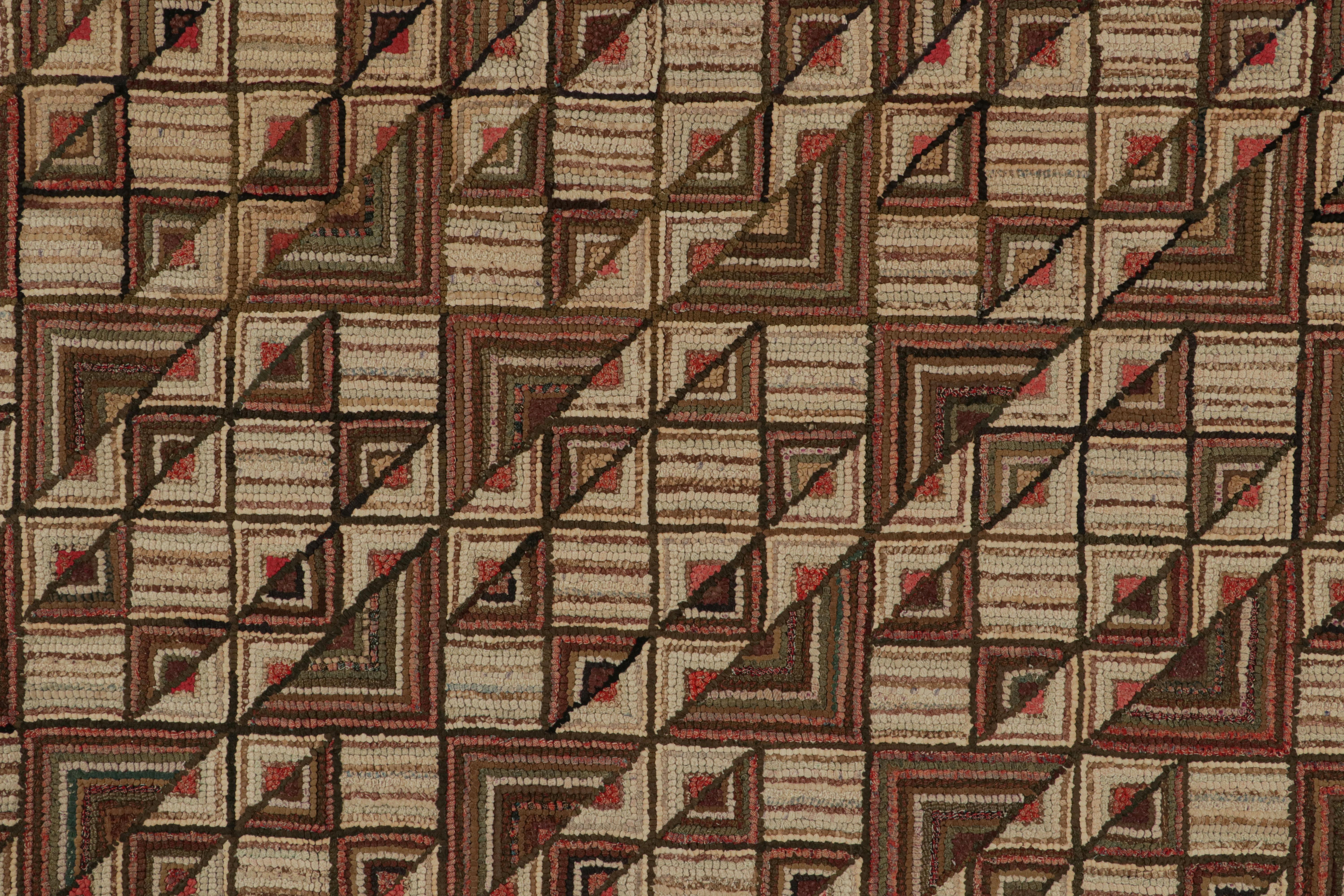 Mid-17th Century Antique Hooked Rug with Beige-Brown Geometric Patterns, from Rug & Kilim For Sale
