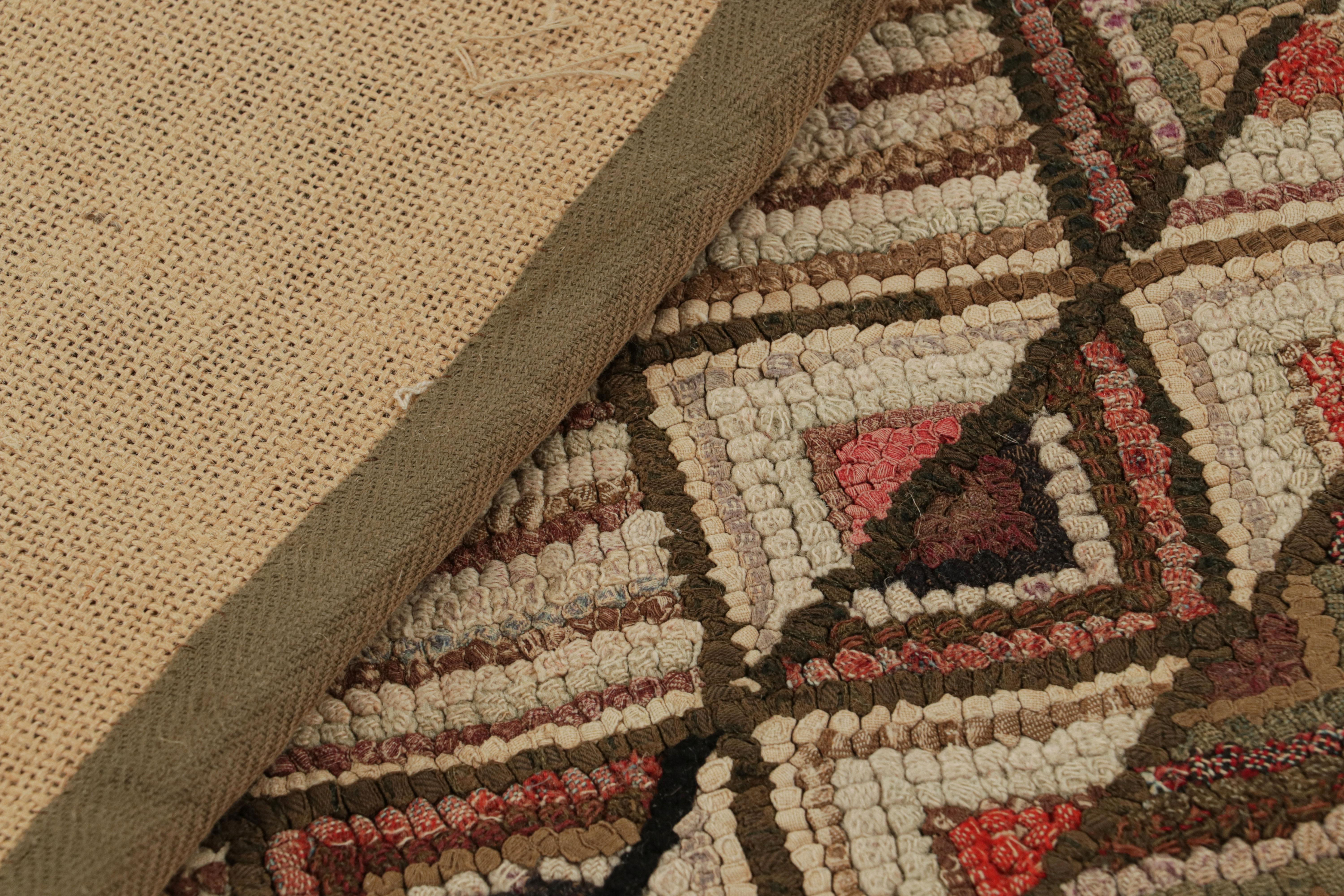 Wool Antique Hooked Rug with Beige-Brown Geometric Patterns, from Rug & Kilim For Sale