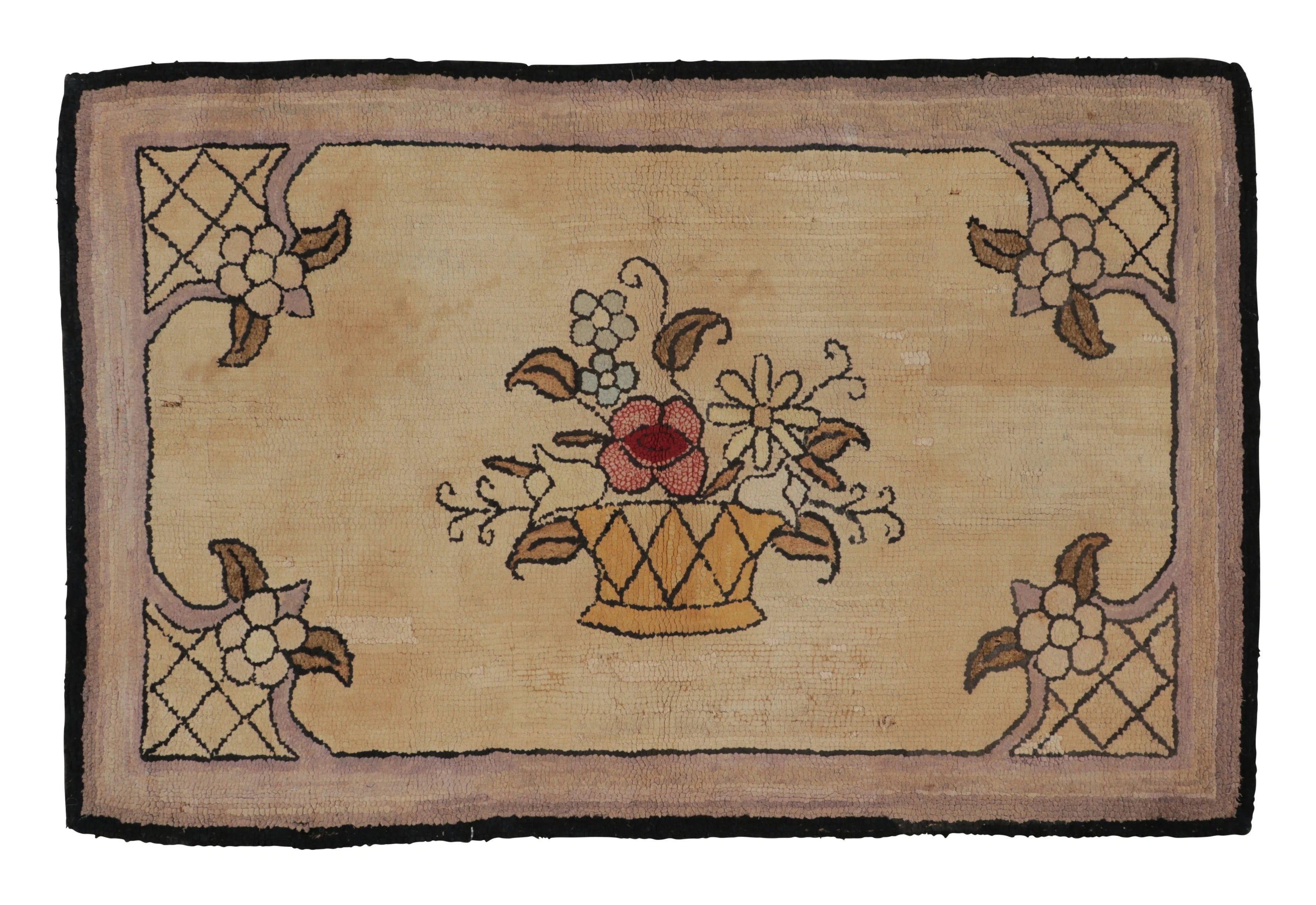 Antique Hooked Rug with Botanical Basket Medallion Design - Rug & Kilim