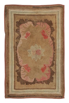 Antique Hooked Rug with Brown Floral Medallion & Vine Border - Rug & Kilim