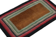 Antique Hooked Rug with Brown Open Field and Geometric Borders, from Rug & Kilim