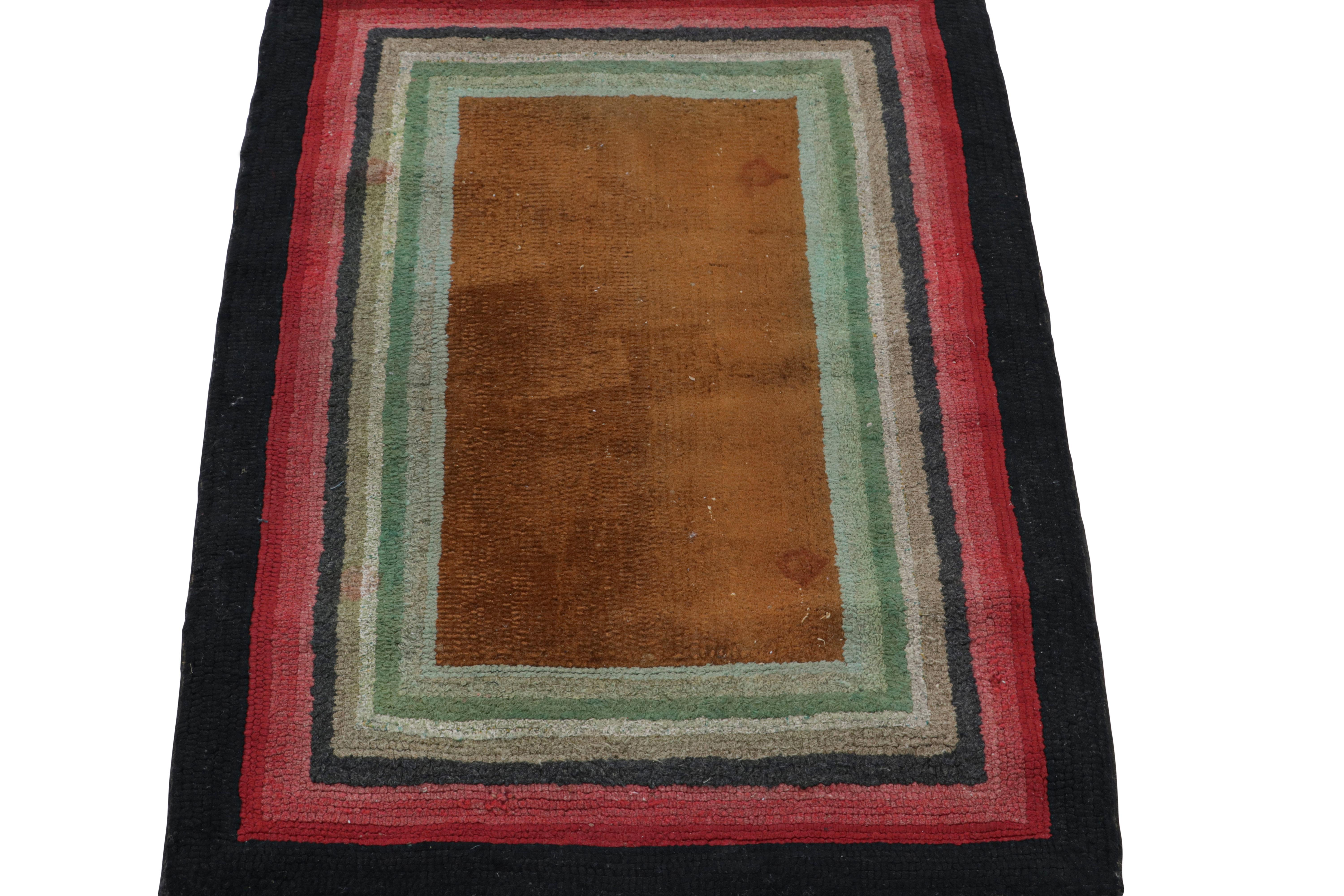 American Antique Hooked Rug with Brown Open Field and Geometric Borders, from Rug & Kilim For Sale