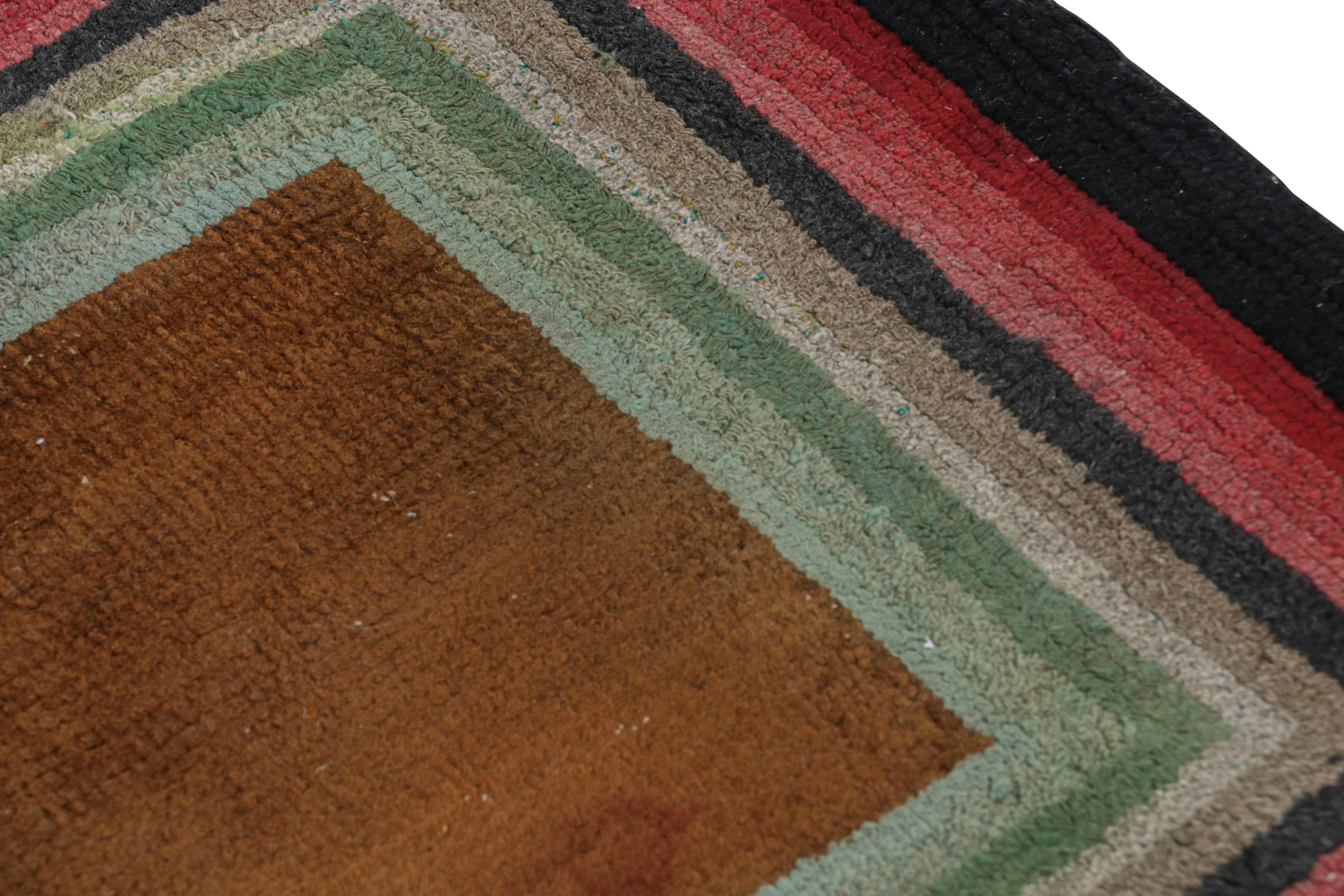 Early 20th Century Antique Hooked Rug with Brown Open Field and Geometric Borders, from Rug & Kilim For Sale