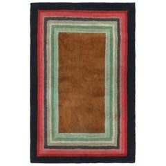Antique Hooked Rug with Brown Open Field and Geometric Borders, from Rug & Kilim