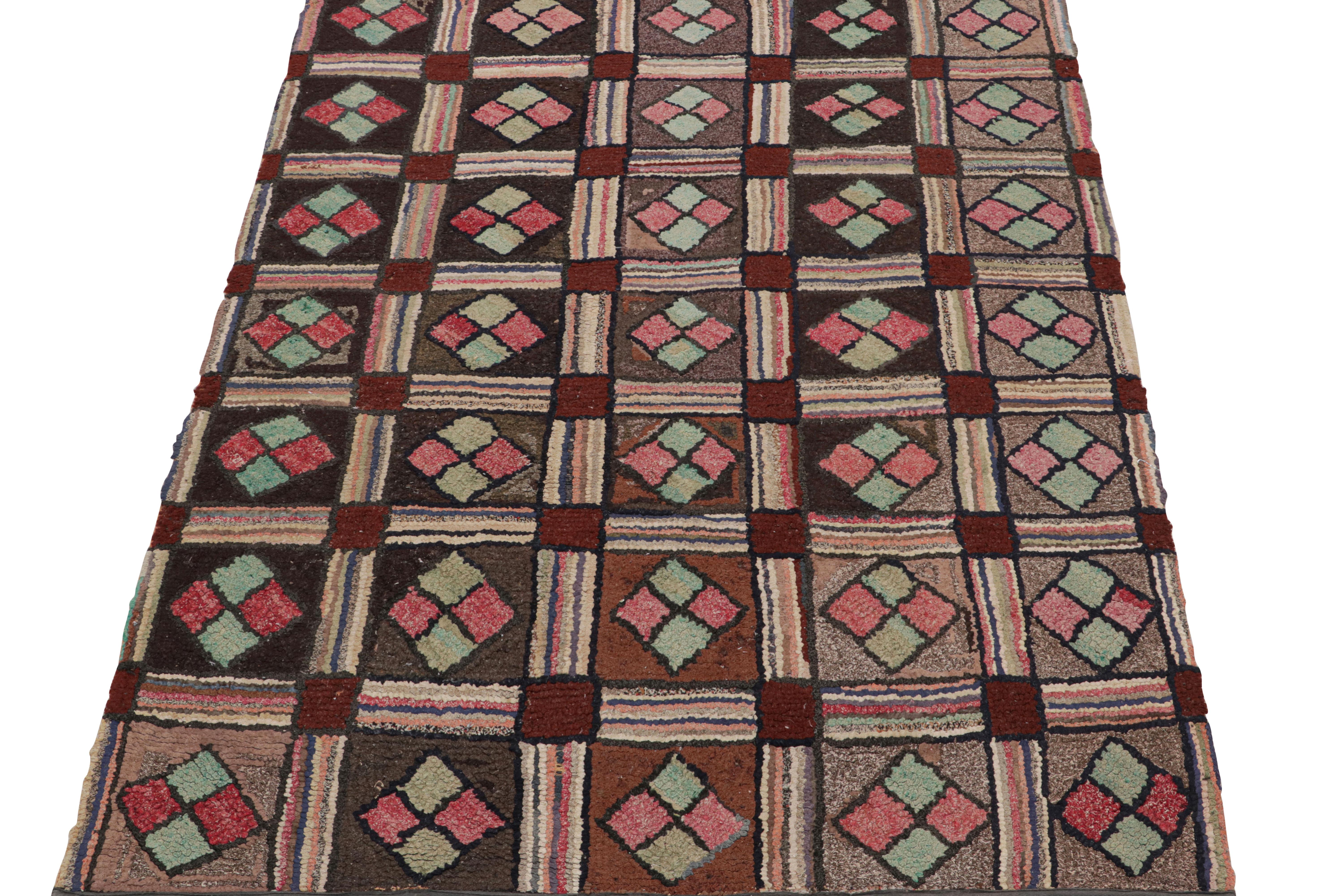 American Antique Hooked Rug with Brown, Red and Blue Geometric Patterns, from Rug & Kilim For Sale
