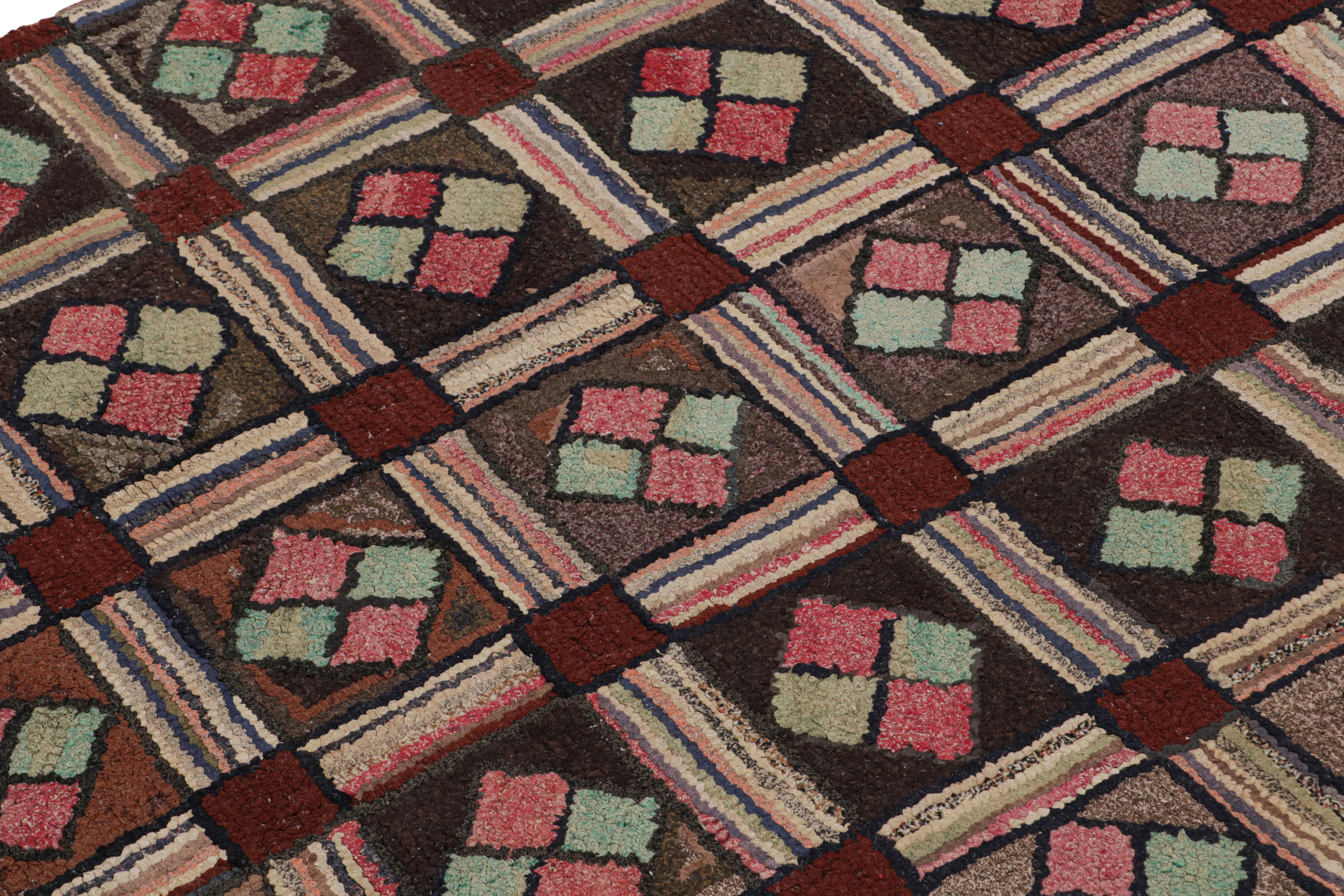 Early 20th Century Antique Hooked Rug with Brown, Red and Blue Geometric Patterns, from Rug & Kilim For Sale