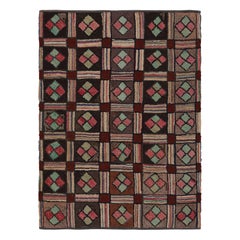 Antique Hooked Rug with Brown, Red and Blue Geometric Patterns, from Rug & Kilim