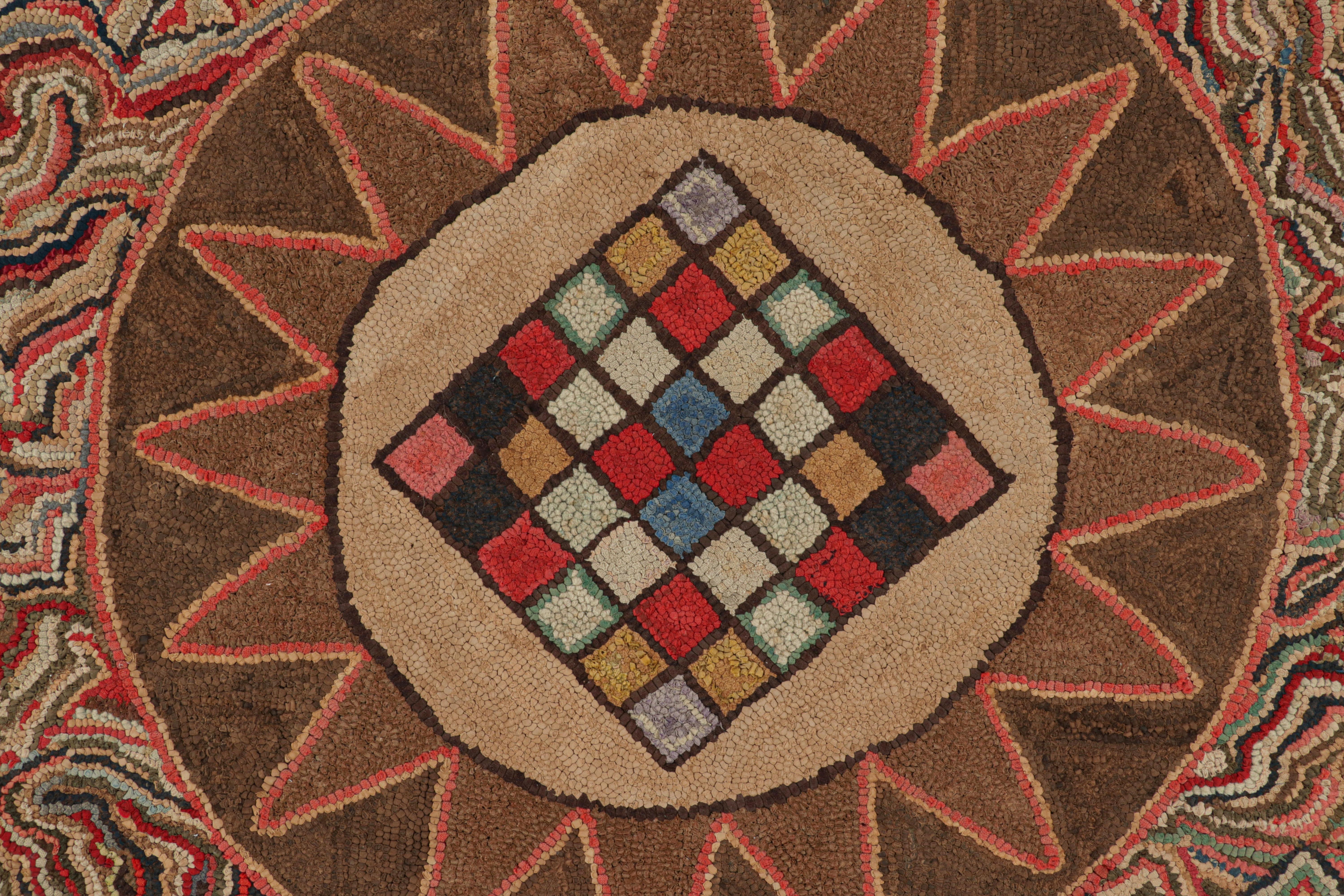 American Antique Framed Hooked Rug, Brown with Colorful Medallion Mosaic - Rug & Kilim For Sale