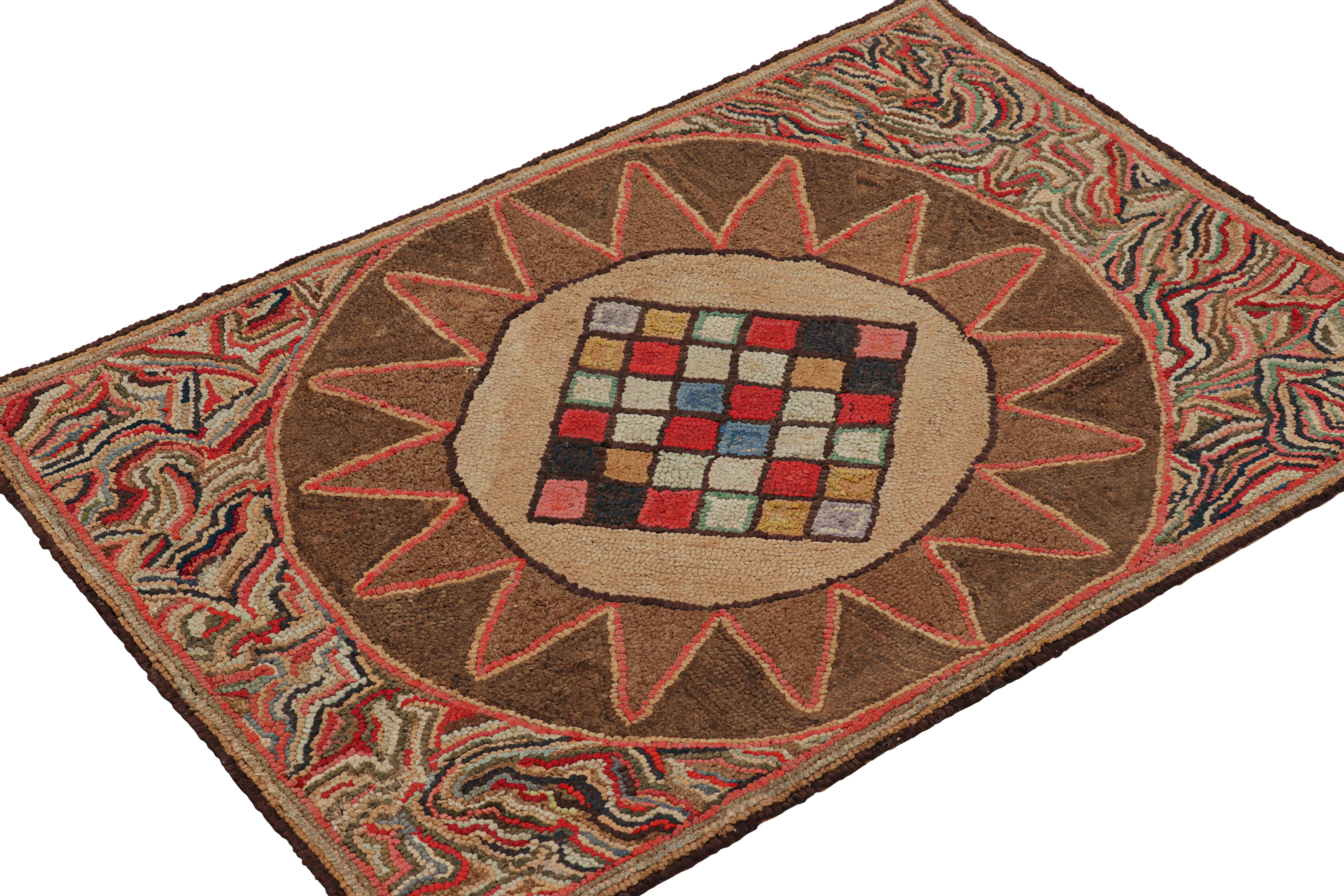 Hand-Knotted Antique Framed Hooked Rug, Brown with Colorful Medallion Mosaic - Rug & Kilim For Sale