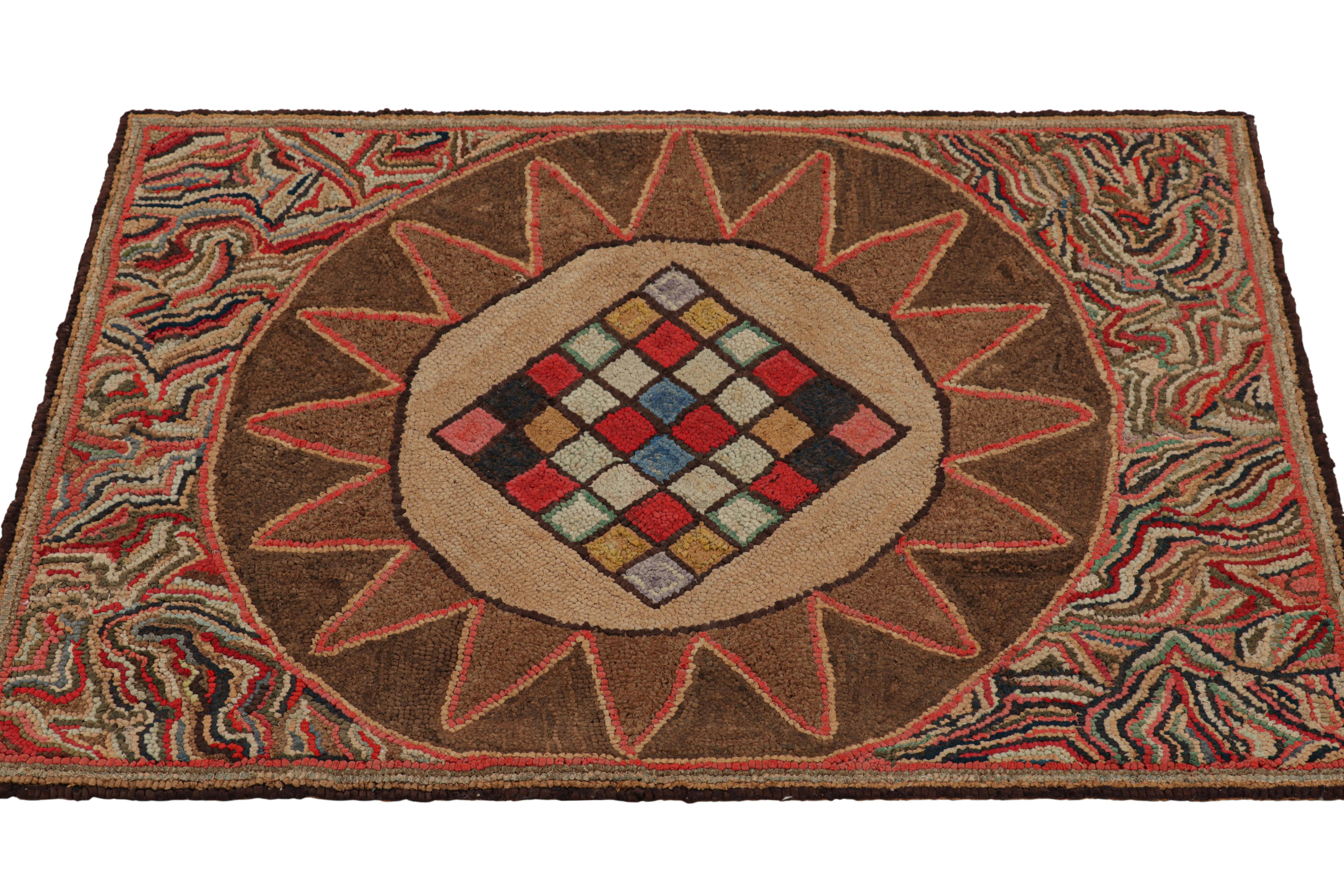 Antique Framed Hooked Rug, Brown with Colorful Medallion Mosaic - Rug & Kilim In Good Condition For Sale In Long Island City, NY