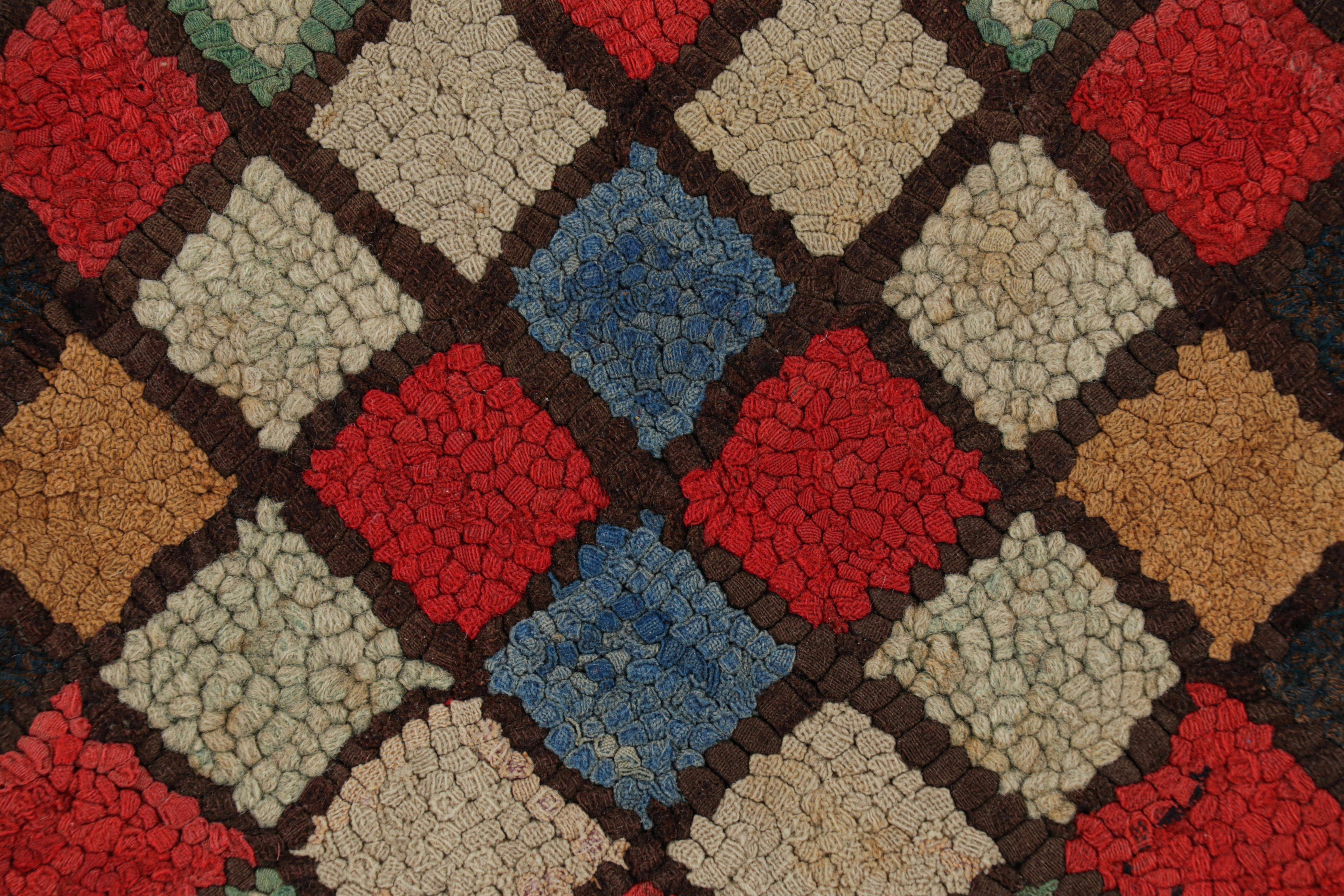 Wool Antique Framed Hooked Rug, Brown with Colorful Medallion Mosaic - Rug & Kilim For Sale