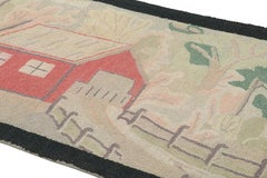 Antique Hooked Rug with Farm Pictorials in Cream and Green, from Rug & Kilim