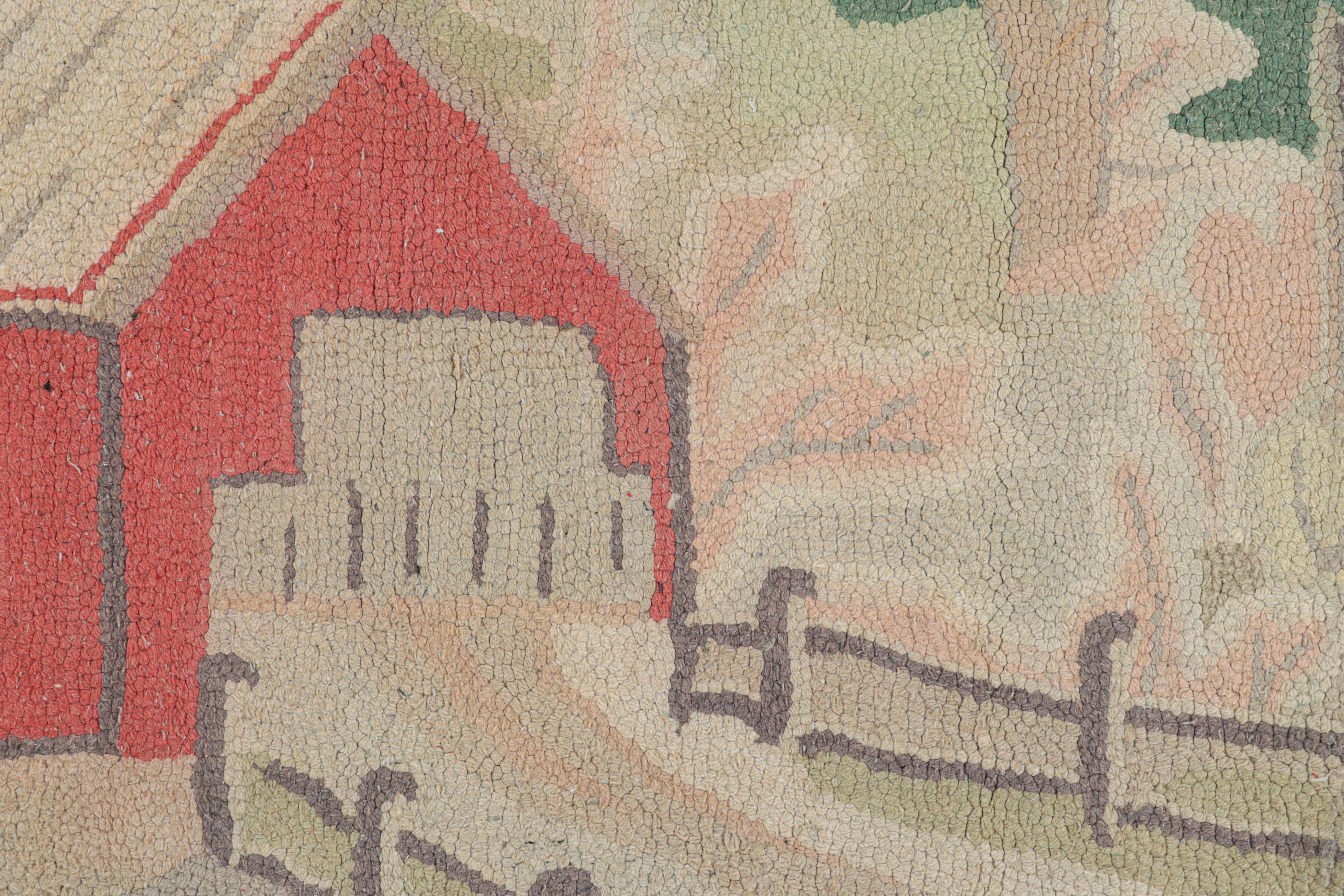 American Antique Hooked Rug with Farm Pictorials in Cream and Green, from Rug & Kilim For Sale