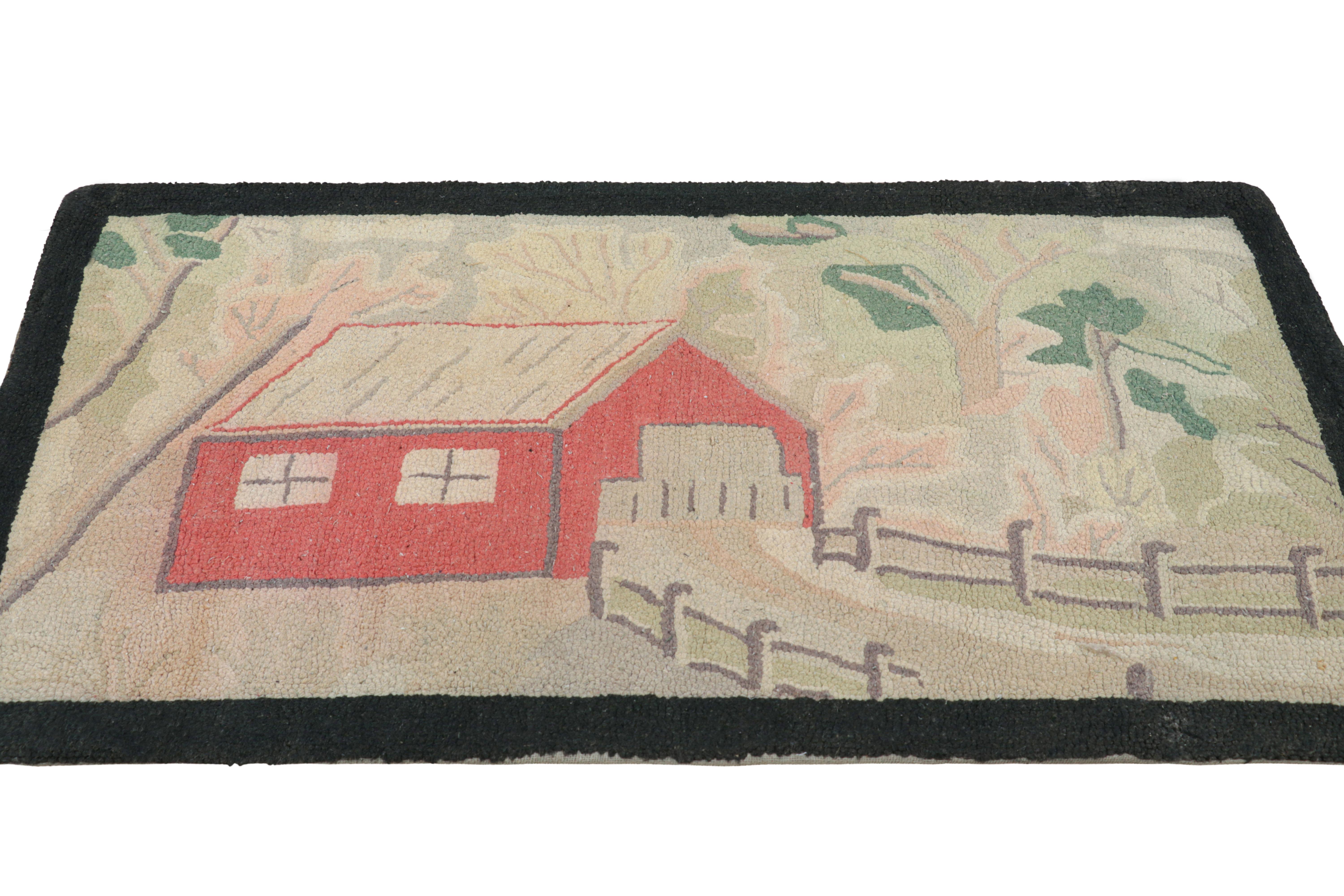 Hand-Knotted Antique Hooked Rug with Farm Pictorials in Cream and Green, from Rug & Kilim For Sale