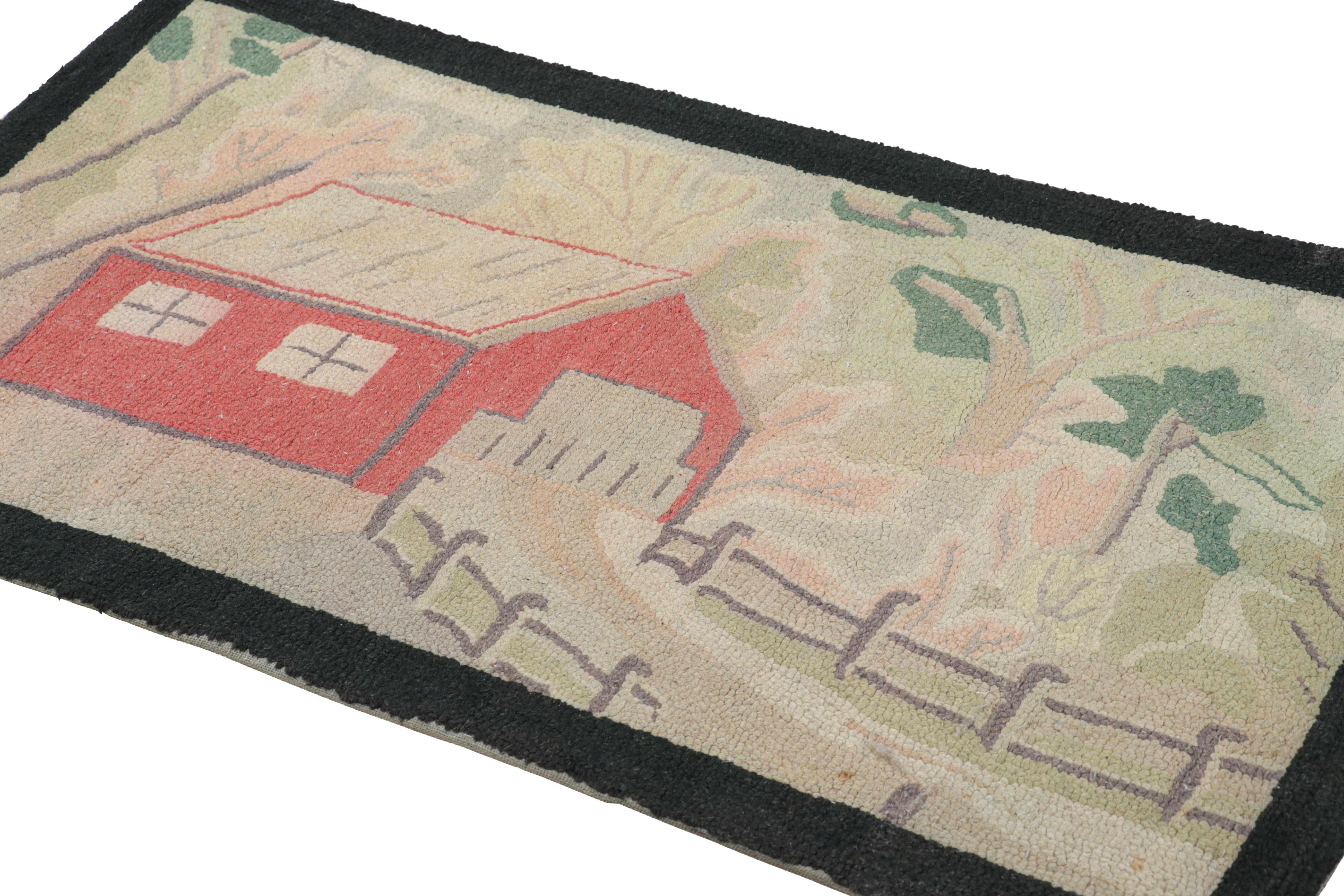 Antique Hooked Rug with Farm Pictorials in Cream and Green, from Rug & Kilim In Good Condition For Sale In Long Island City, NY