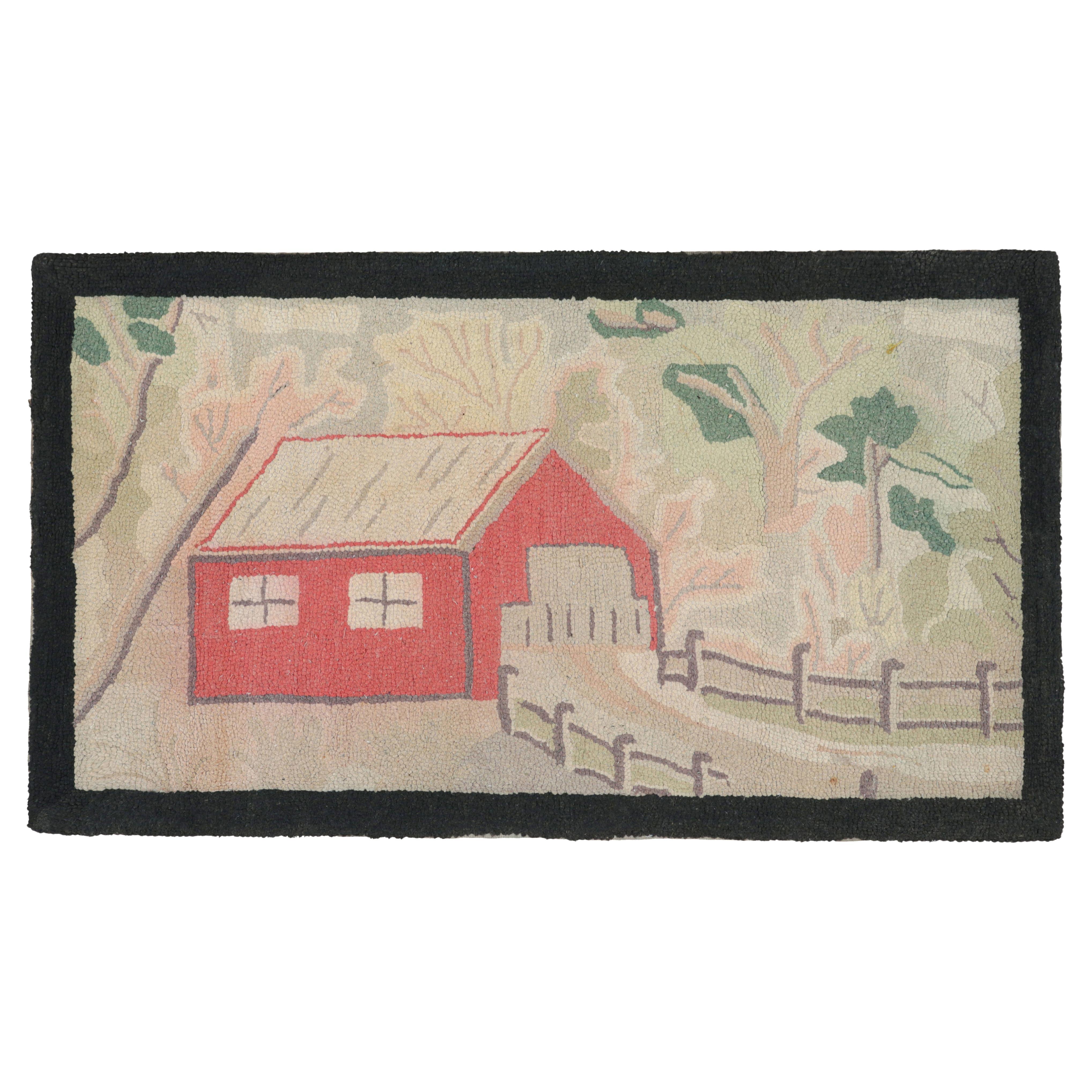 Antique Hooked Rug with Farm Pictorials in Cream and Green, from Rug & Kilim