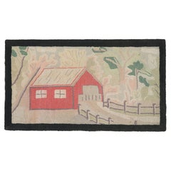 Antique Hooked Rug with Farm Pictorials in Cream and Green, from Rug & Kilim