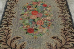 Antique Hooked Rug with Floral Bouquet & Botanical Leaf Border - Rug & Kilim