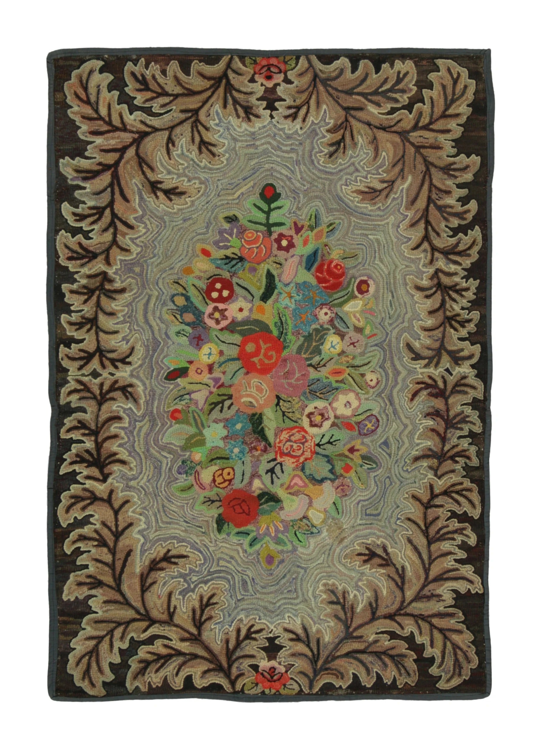 Antique Hooked Rug with Floral Bouquet & Botanical Leaf Border - Rug & Kilim