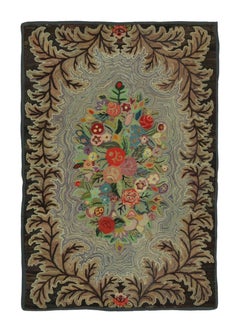 Antique Hooked Rug with Floral Bouquet & Botanical Leaf Border - Rug & Kilim