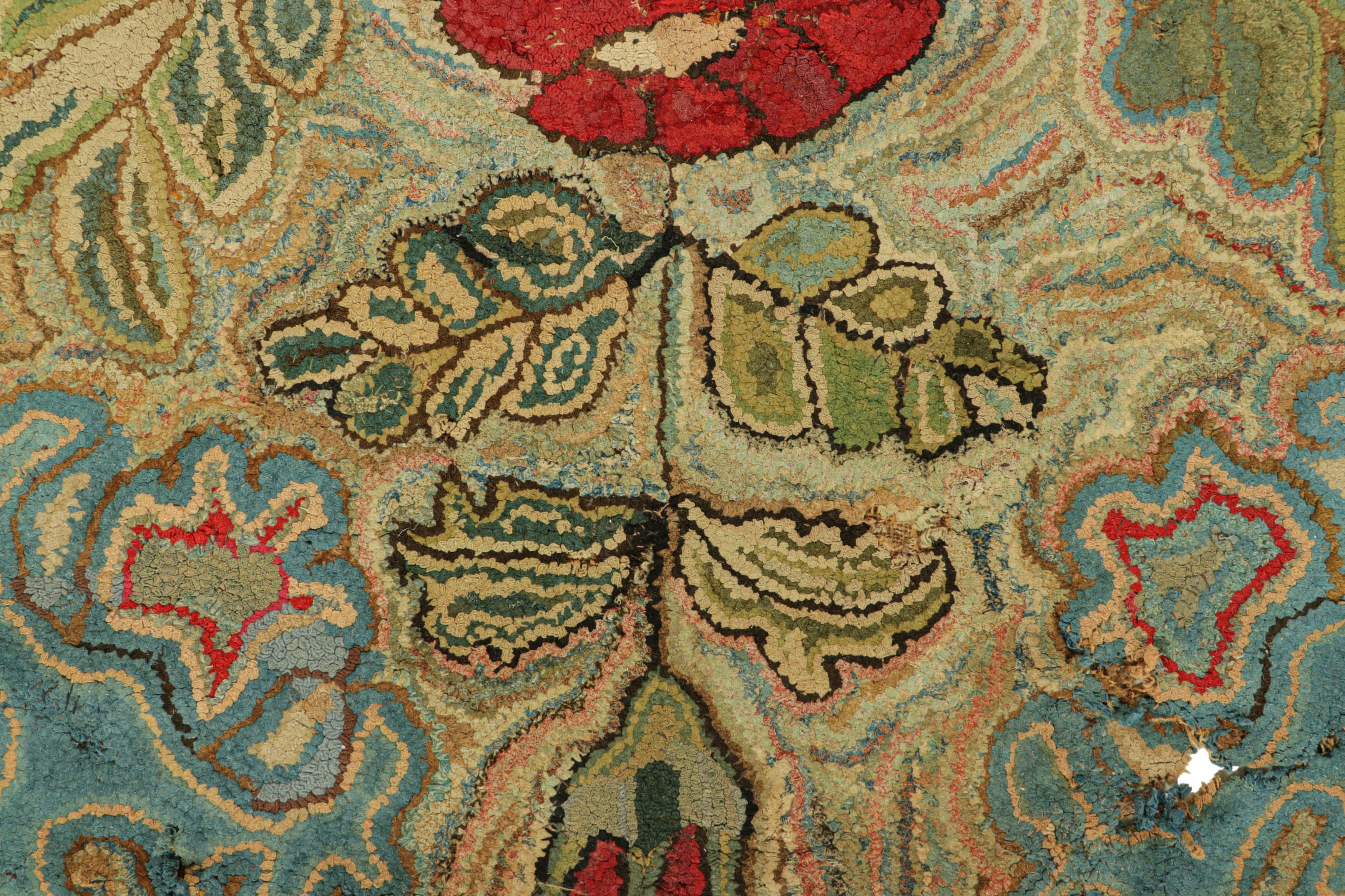 American Antique Hooked Rug With Floral Medallion In Red And Green  Rug & Kilim For Sale