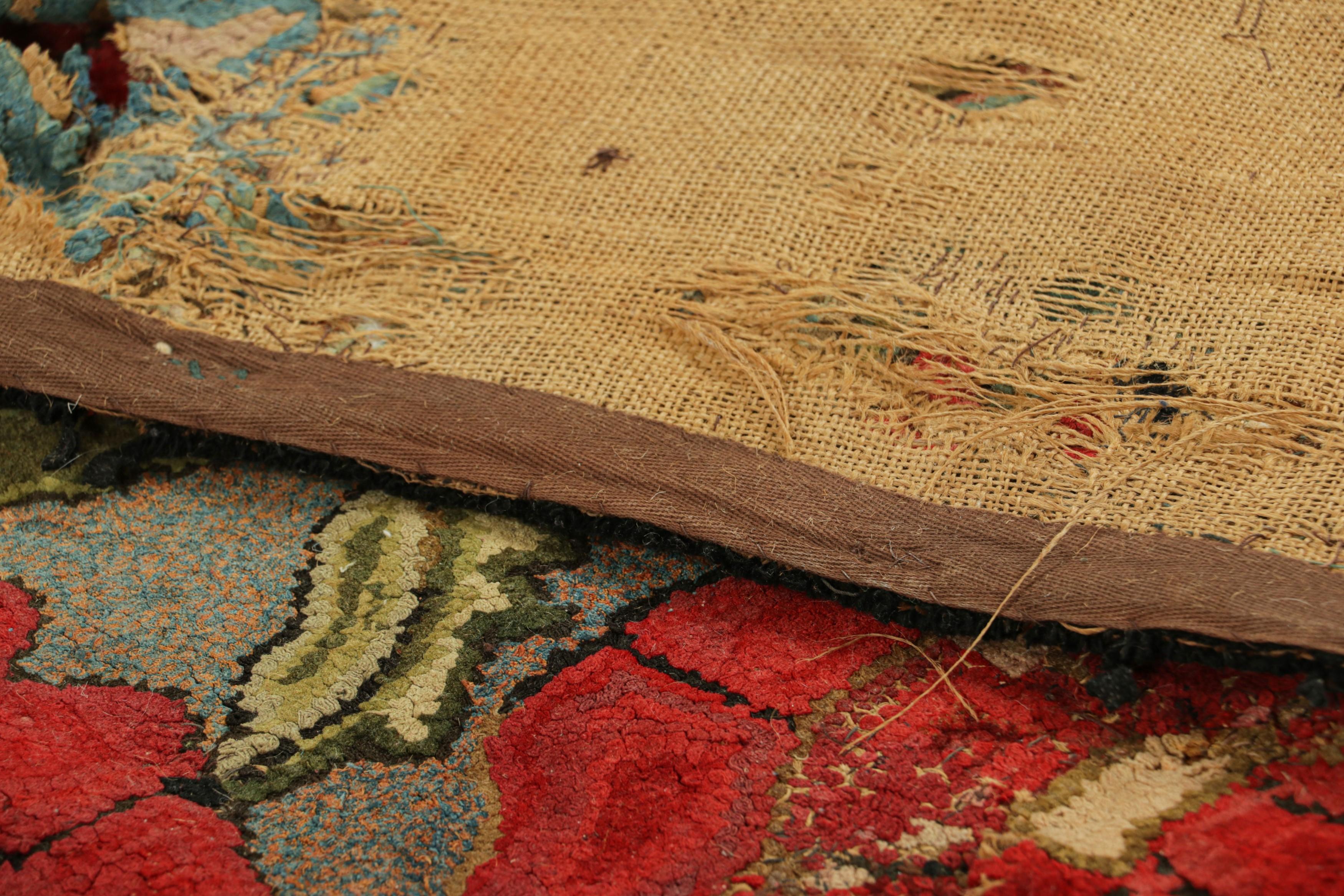 Wool Antique Hooked Rug With Floral Medallion In Red And Green  Rug & Kilim For Sale