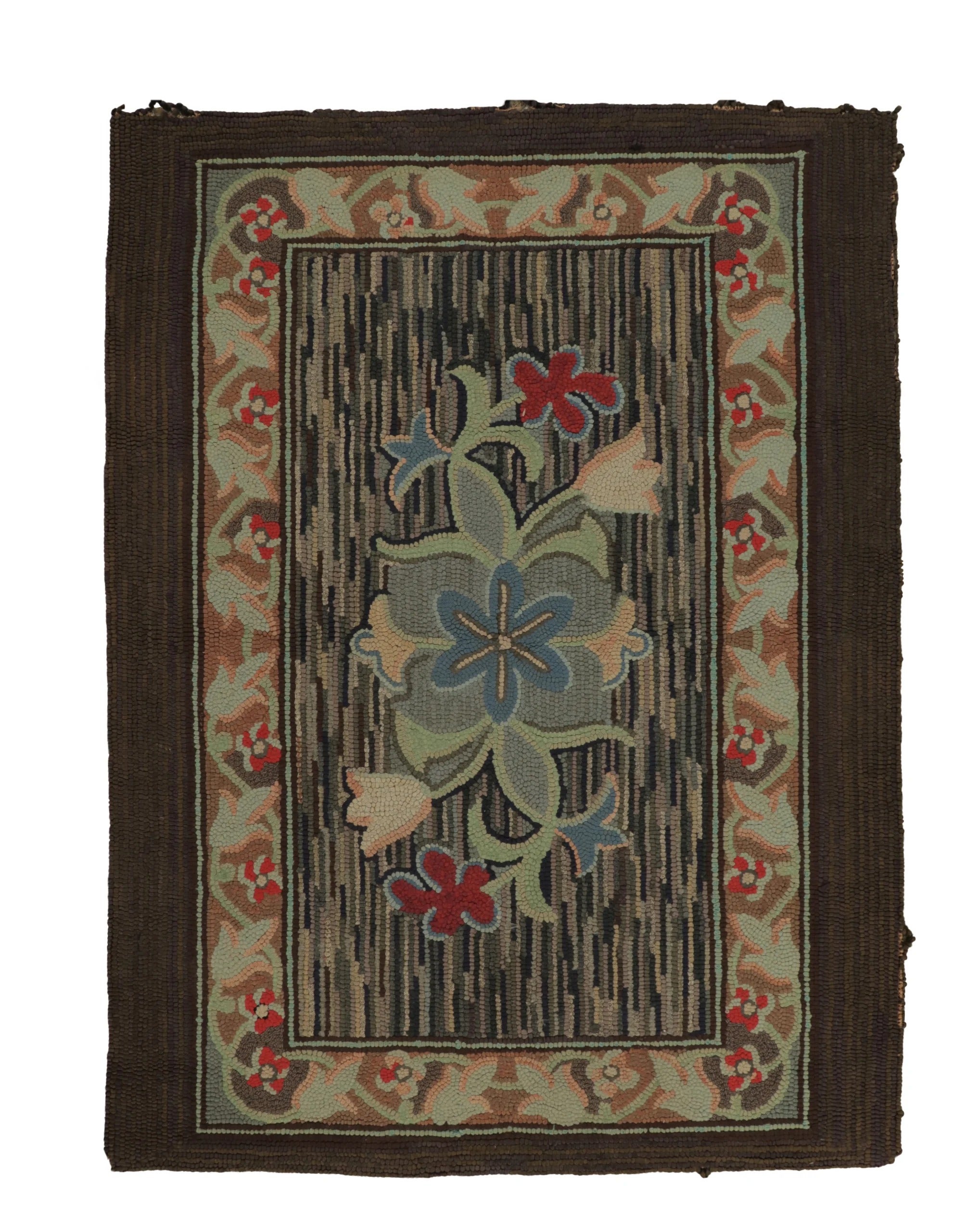 Antique Hooked Rug with Floral Medallion & Scrolling Vine Border - Rug & Kilim For Sale