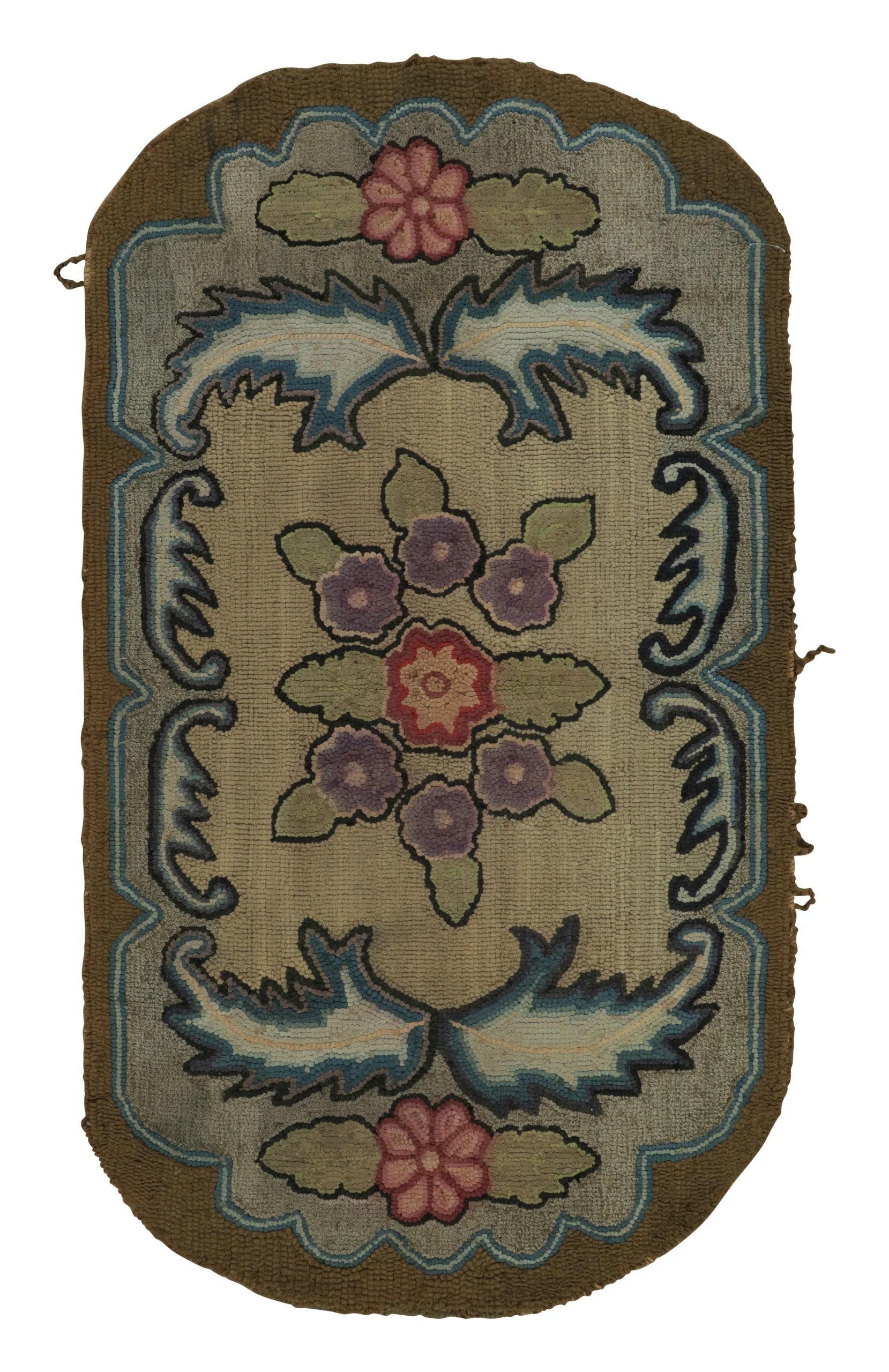 Antique Hooked Rug with Floral Medallion & Scrollwork Design - Rug & Kilim For Sale