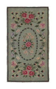 Antique Hooked Rug with Floral Medallions in Soft Sage Green - Rug & Kilim