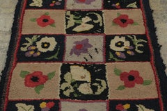 Antique Hooked Rug with Floral Panels in Checkered Grid - Rug & Kilim