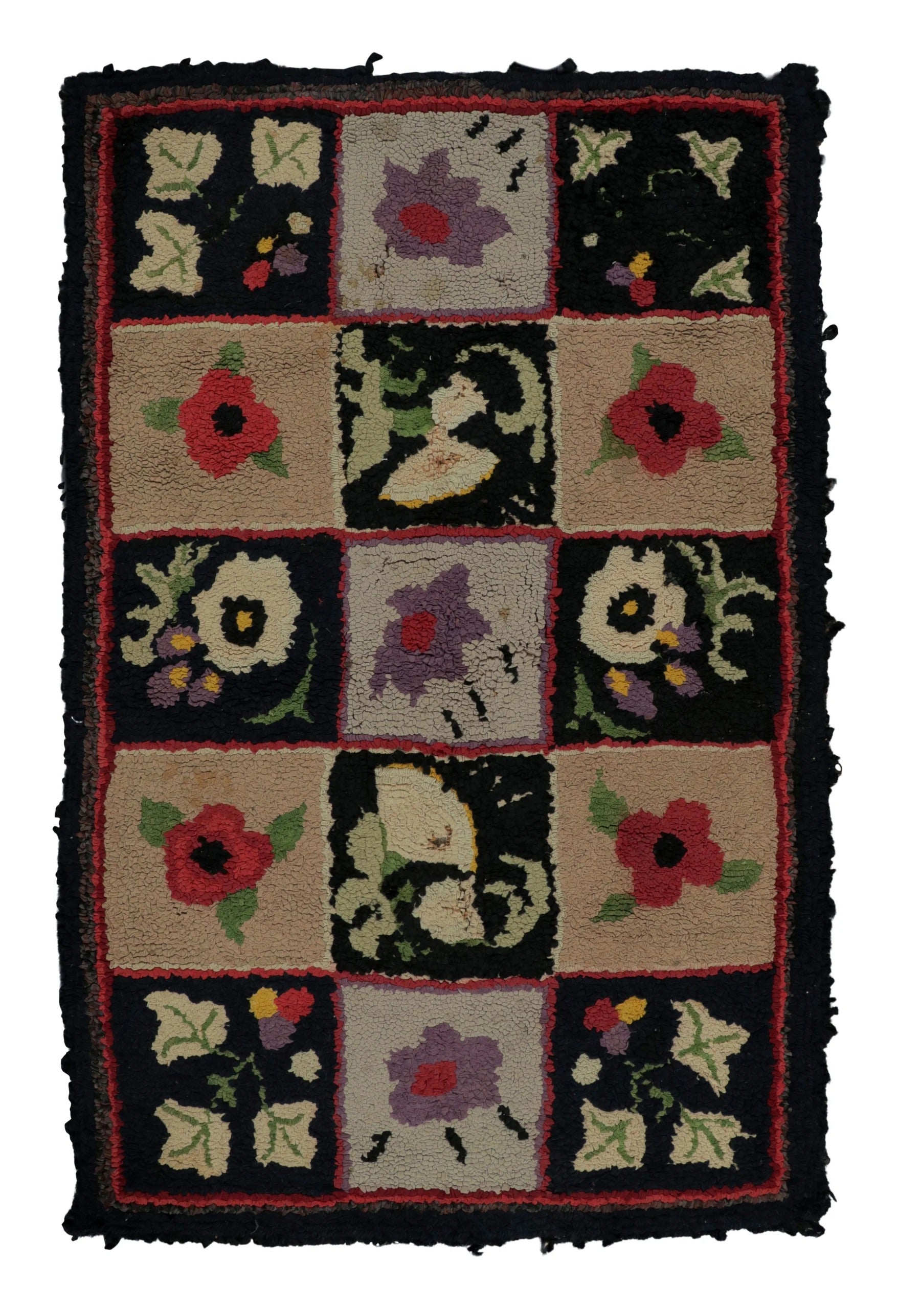 Antique Hooked Rug with Floral Panels in Checkered Grid - Rug & Kilim