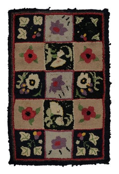 Antique Hooked Rug with Floral Panels in Checkered Grid - Rug & Kilim