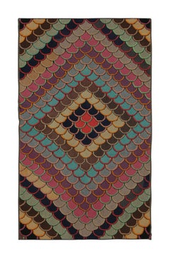 Antique Hooked Rug with Folk Art Geometry & Bright Color Play - Rug & Kilim