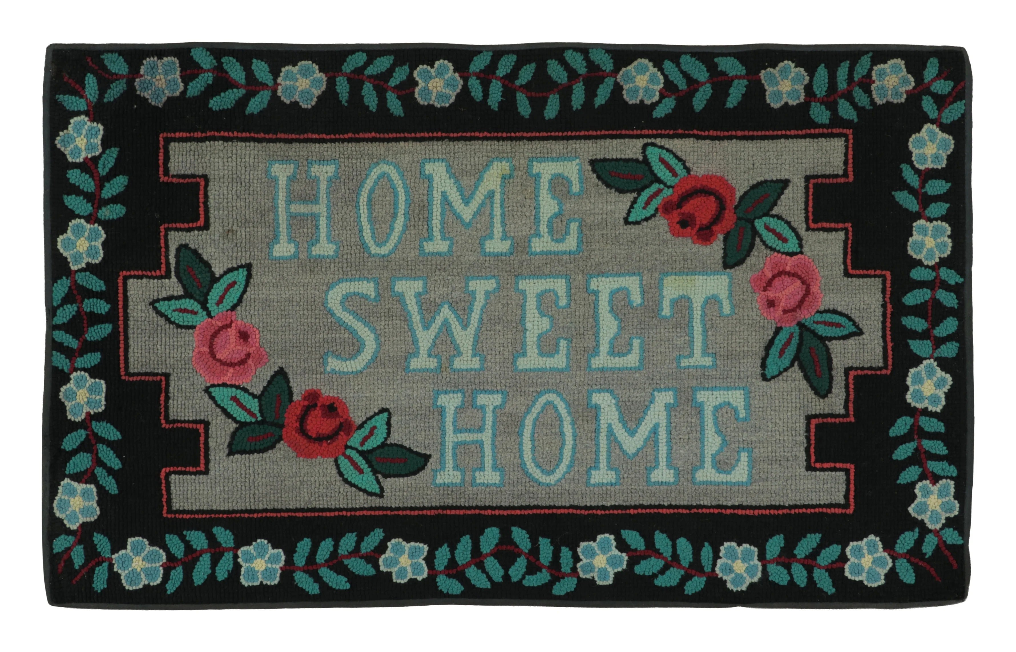 Antique Hooked Rug with “Home Sweet Home” Quote & Flowers - Rug & Kilim