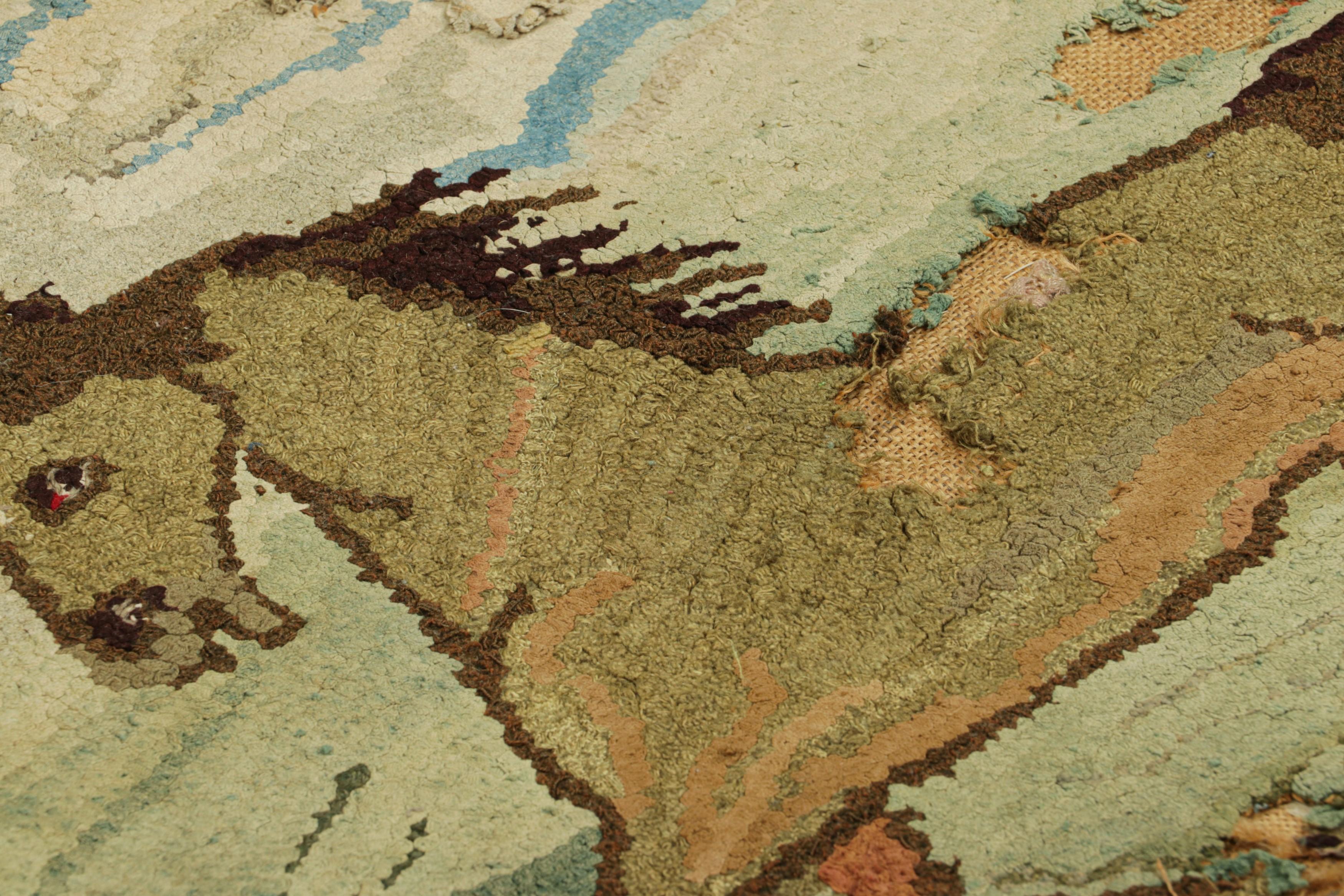 Handmade in wool and originating circa 1920-1930, this 3x3 rug is a rare and exciting new curation in Rug & Kilim’s collection of antique hooked rugs.

On the Design: 

Featuring an equally gorgeous and unique horse pictorial design, this piece is