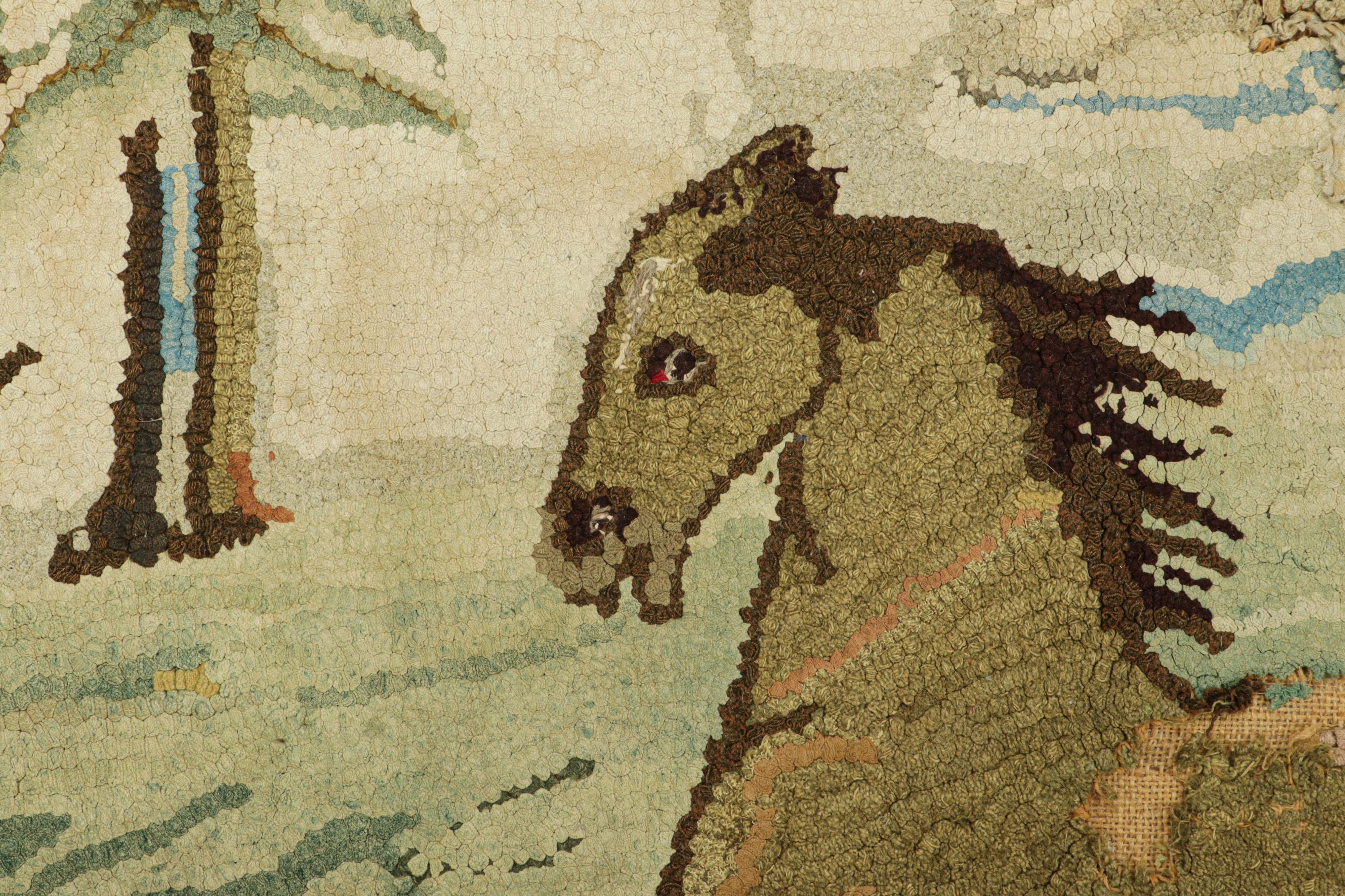 American Antique Hooked Rug With Horse Pictorials In Blue And Cream From Rug & Kilim For Sale