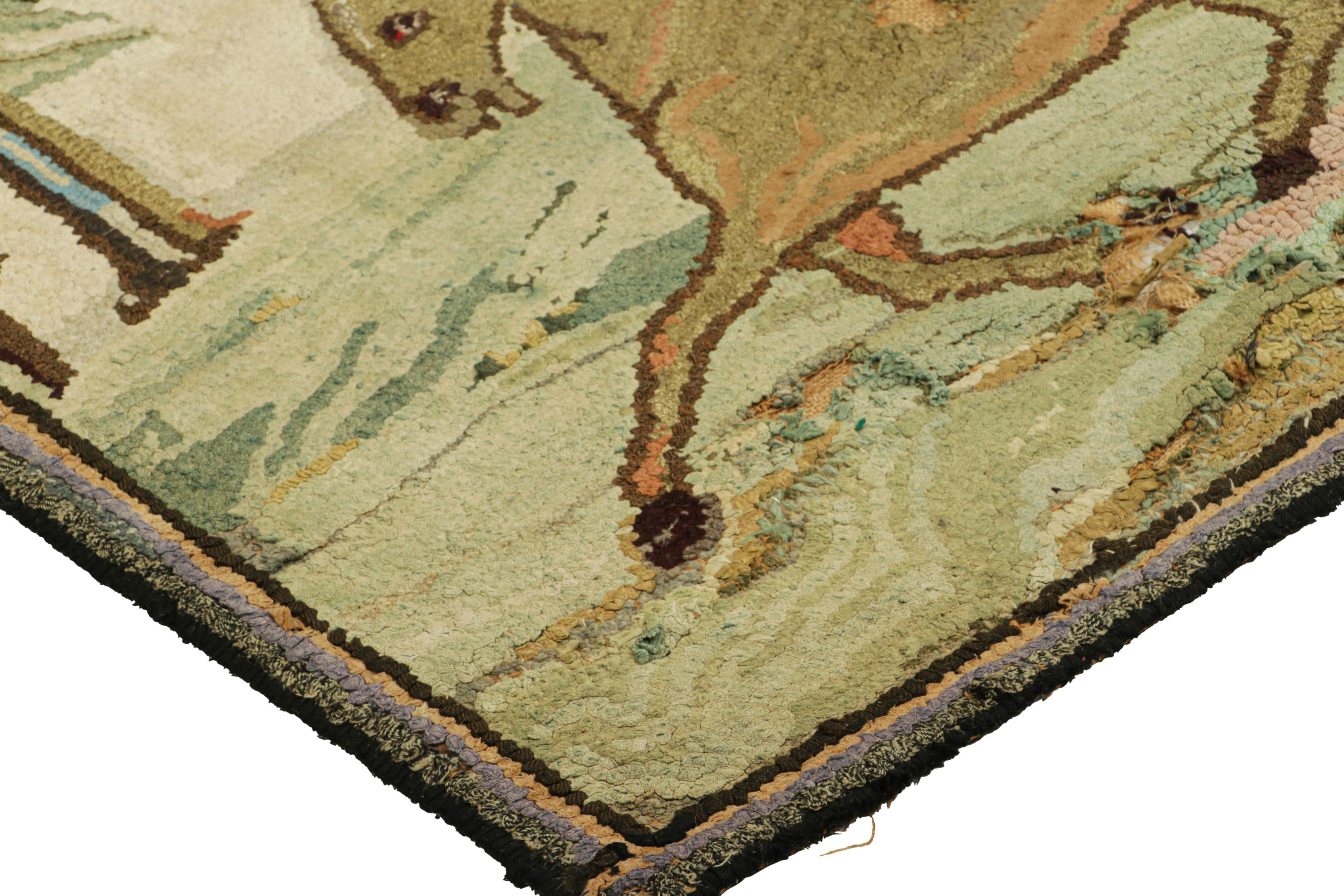 Early 20th Century Antique Hooked Rug With Horse Pictorials In Blue And Cream From Rug & Kilim For Sale