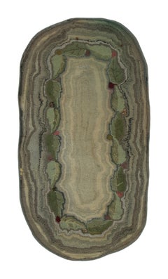 Antique Hooked Rug with Leaf Design in Pastel Green Tones - Rug & Kilim