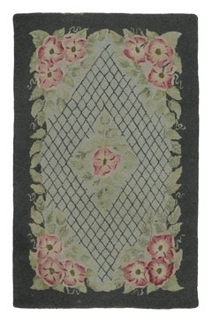 Antique Hooked Rug with Multicolor Floral Medallion & Vine Border - Rug & Kilim