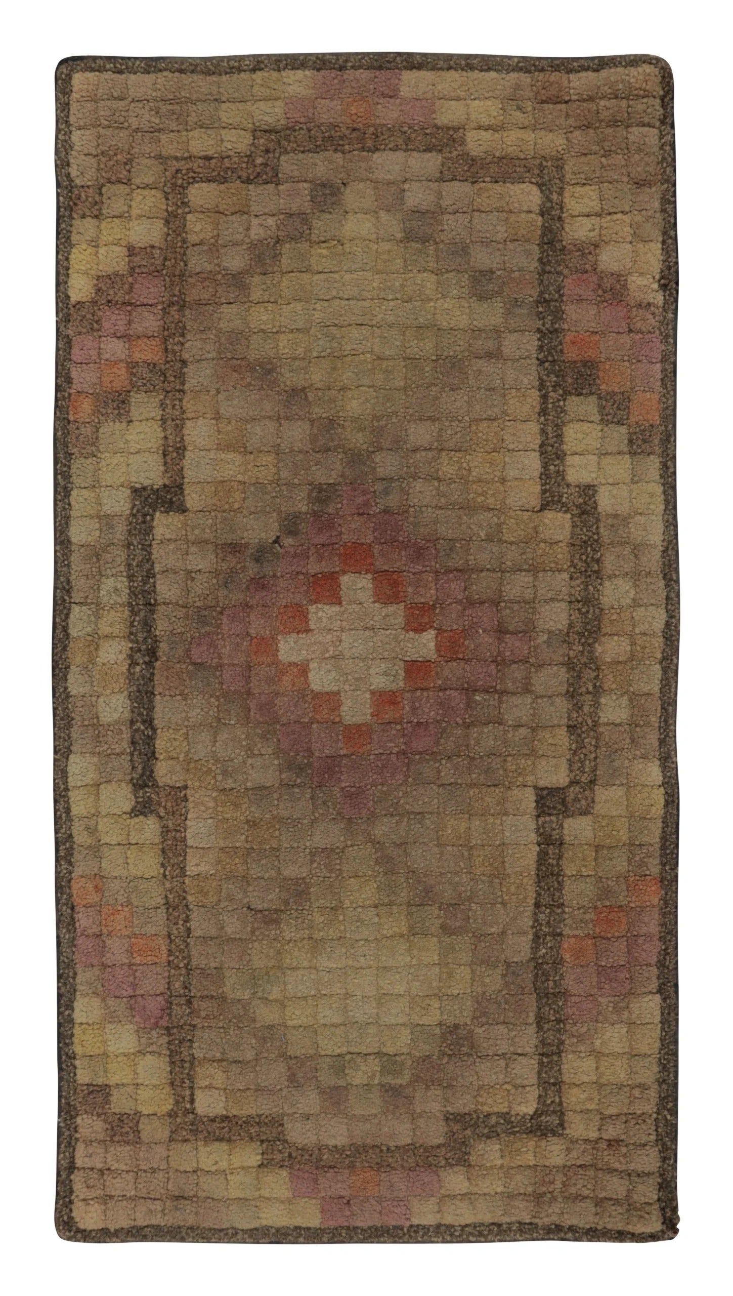 Antique Hooked Rug with Multicolor Geometric Medallion Design - Rug & Kilim