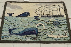 Antique Hooked Rug with Ocean Pictorials in Blue and Cream, from Rug & Kilim